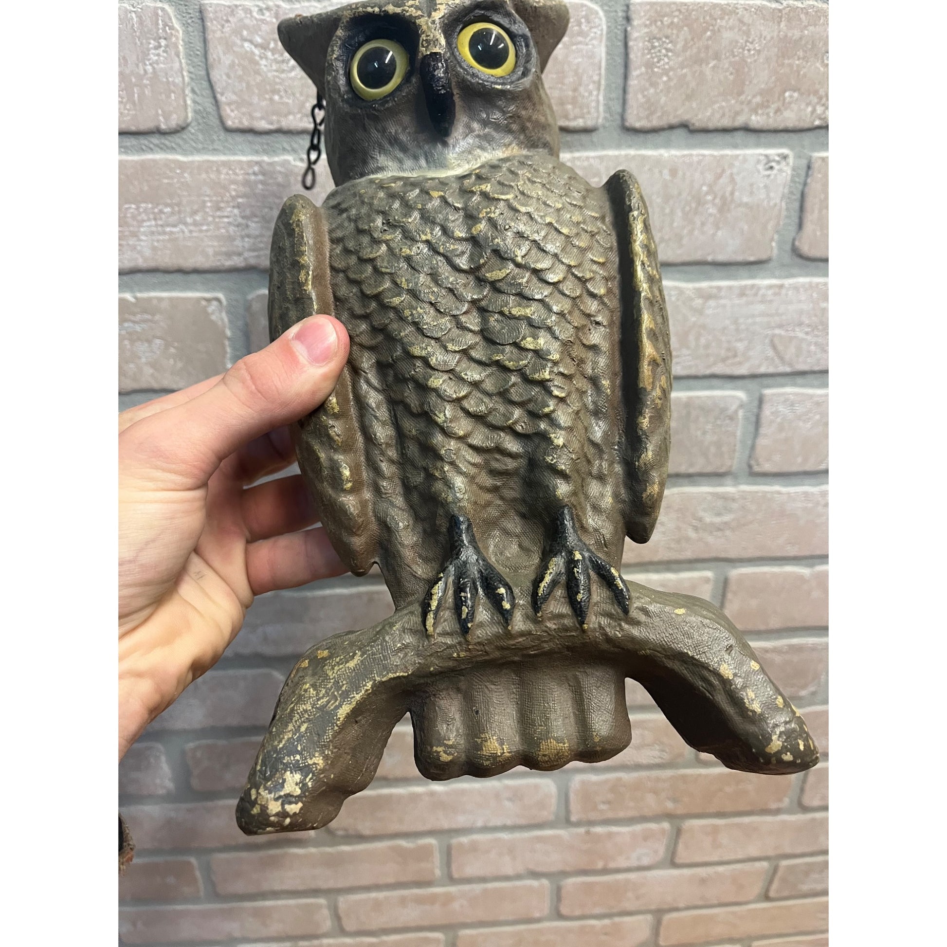 Vintage Swisher & Soules Decatur IL Cast Metal Great Horned Owl Glass Eyes Decoy