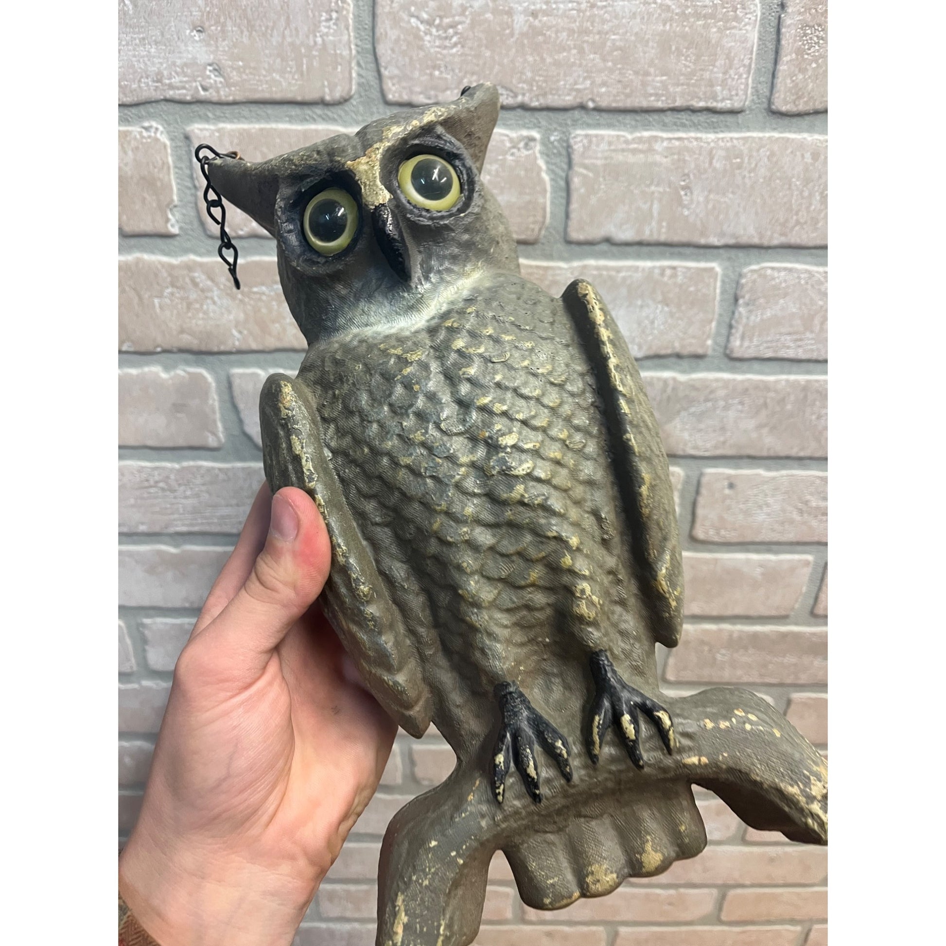 Vintage Swisher & Soules Decatur IL Cast Metal Great Horned Owl Glass Eyes Decoy