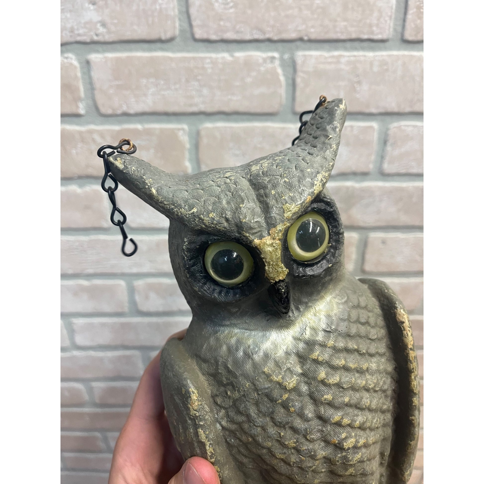 Vintage Swisher & Soules Decatur IL Cast Metal Great Horned Owl Glass Eyes Decoy