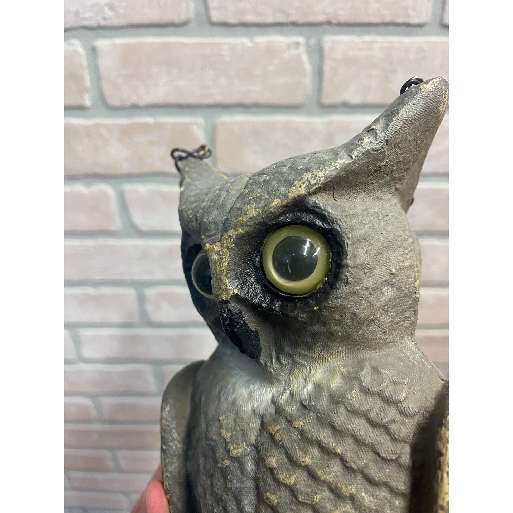 Vintage Swisher & Soules Decatur IL Cast Metal Great Horned Owl Glass Eyes Decoy