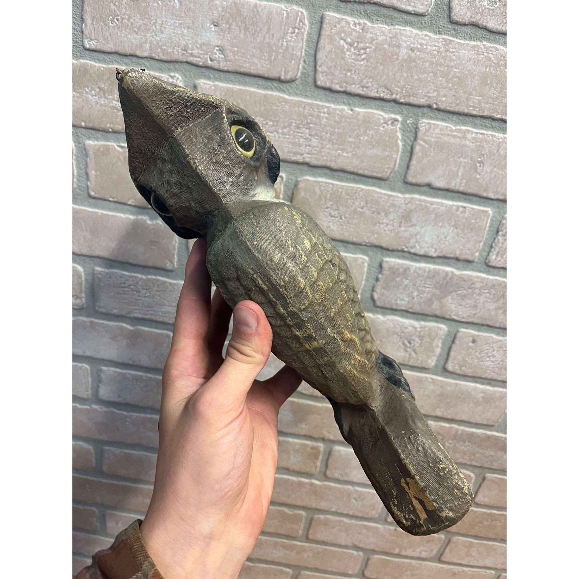 Vintage Swisher & Soules Decatur IL Cast Metal Great Horned Owl Glass Eyes Decoy