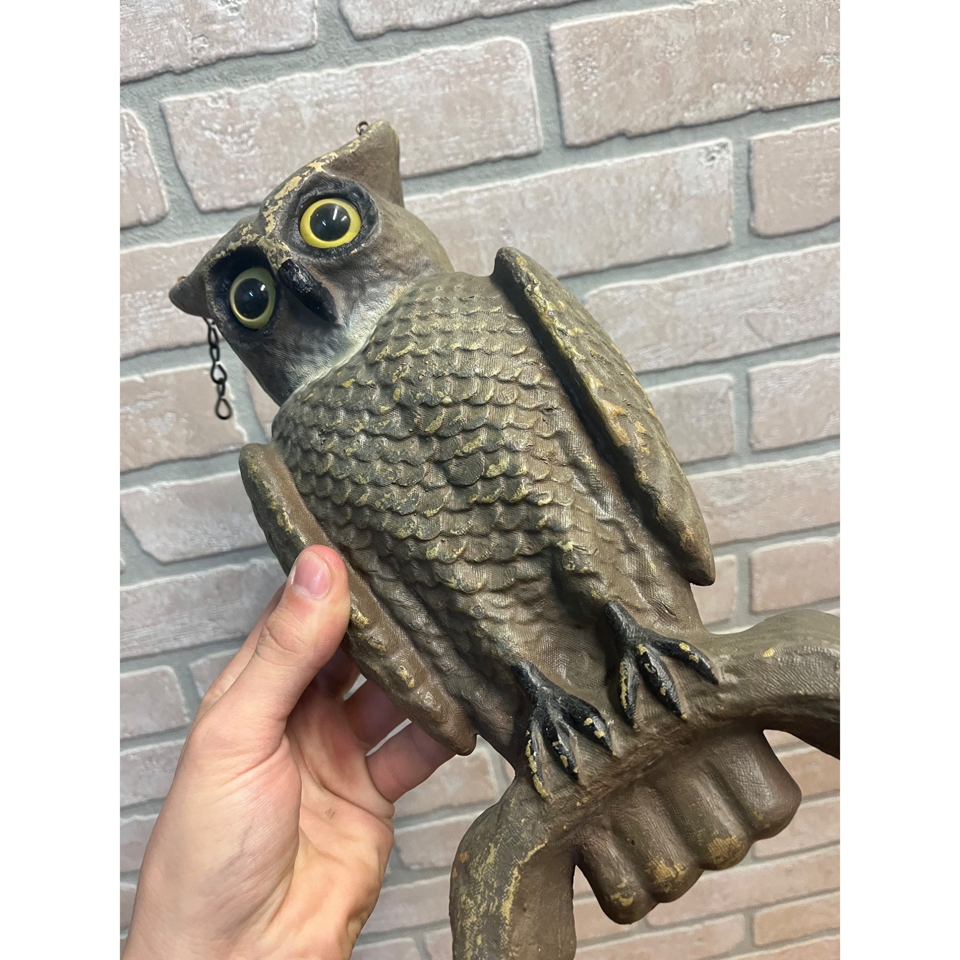 Vintage Swisher & Soules Decatur IL Cast Metal Great Horned Owl Glass Eyes Decoy