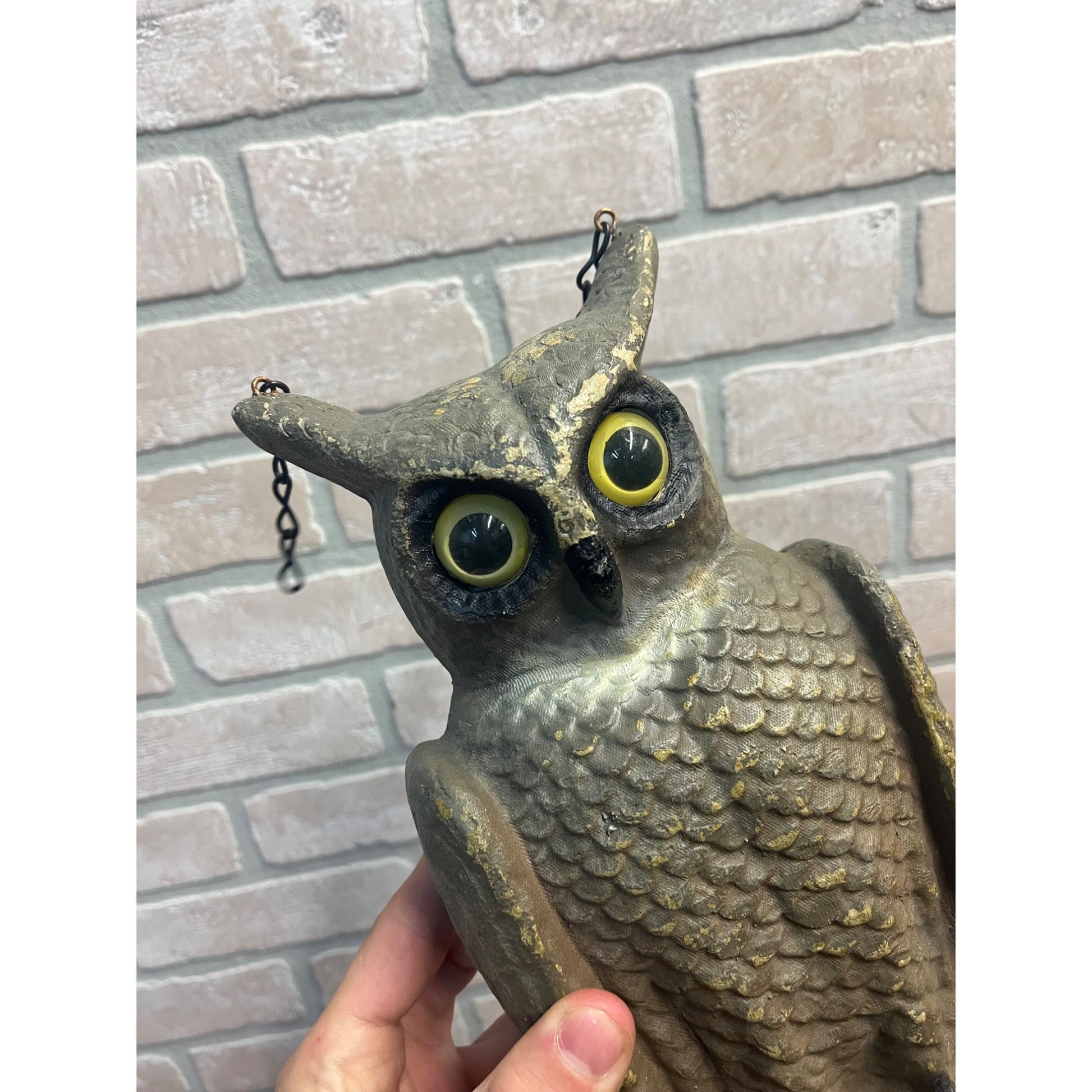 Vintage Swisher & Soules Decatur IL Cast Metal Great Horned Owl Glass Eyes Decoy