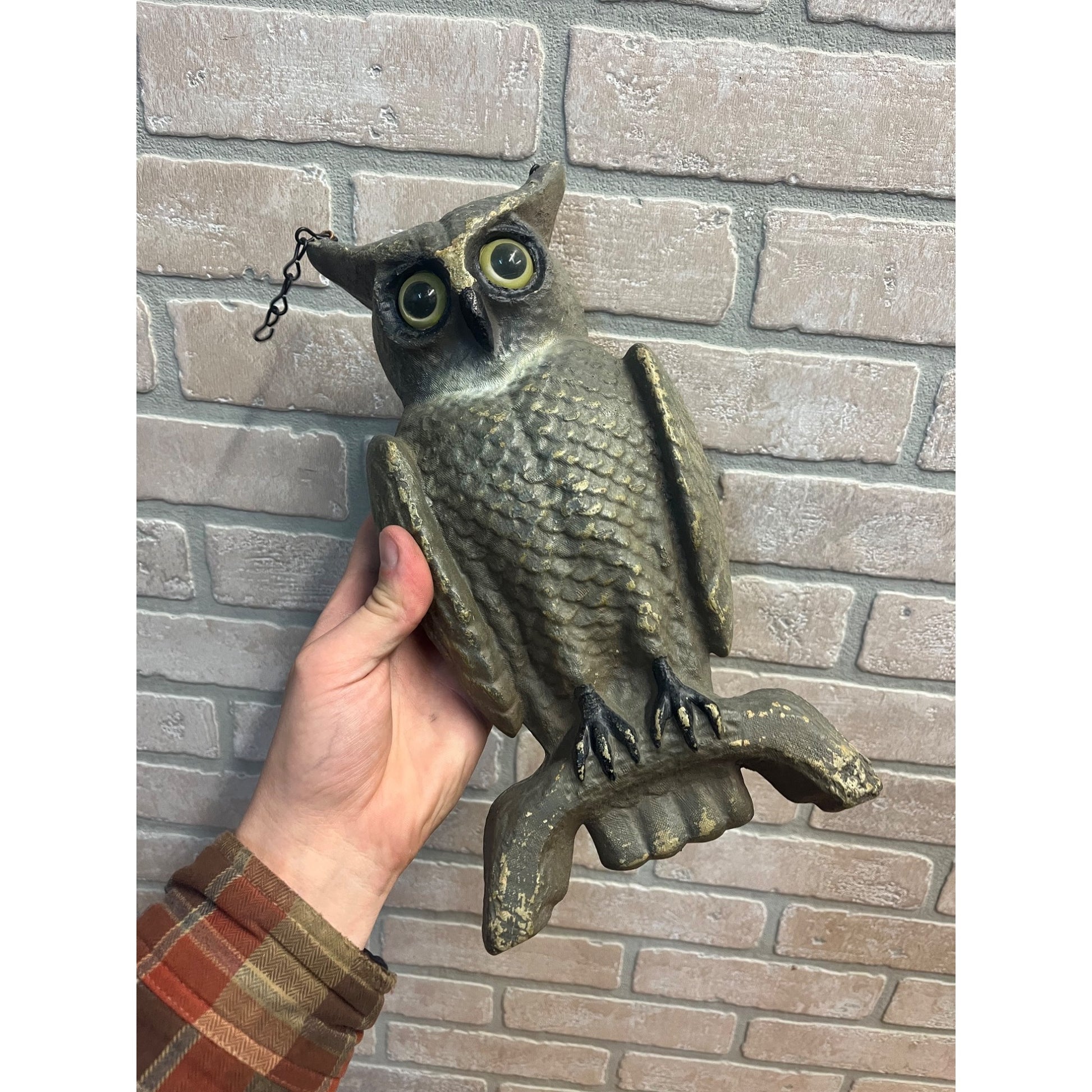 Vintage Swisher & Soules Decatur IL Cast Metal Great Horned Owl Glass Eyes Decoy