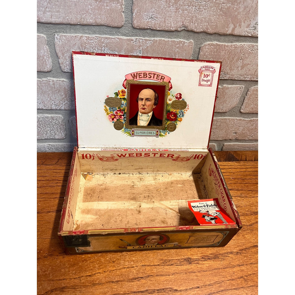 Vintage Webster Cigar Wooden Box Cadillac Michigan Advertising Kurman Milwaukee