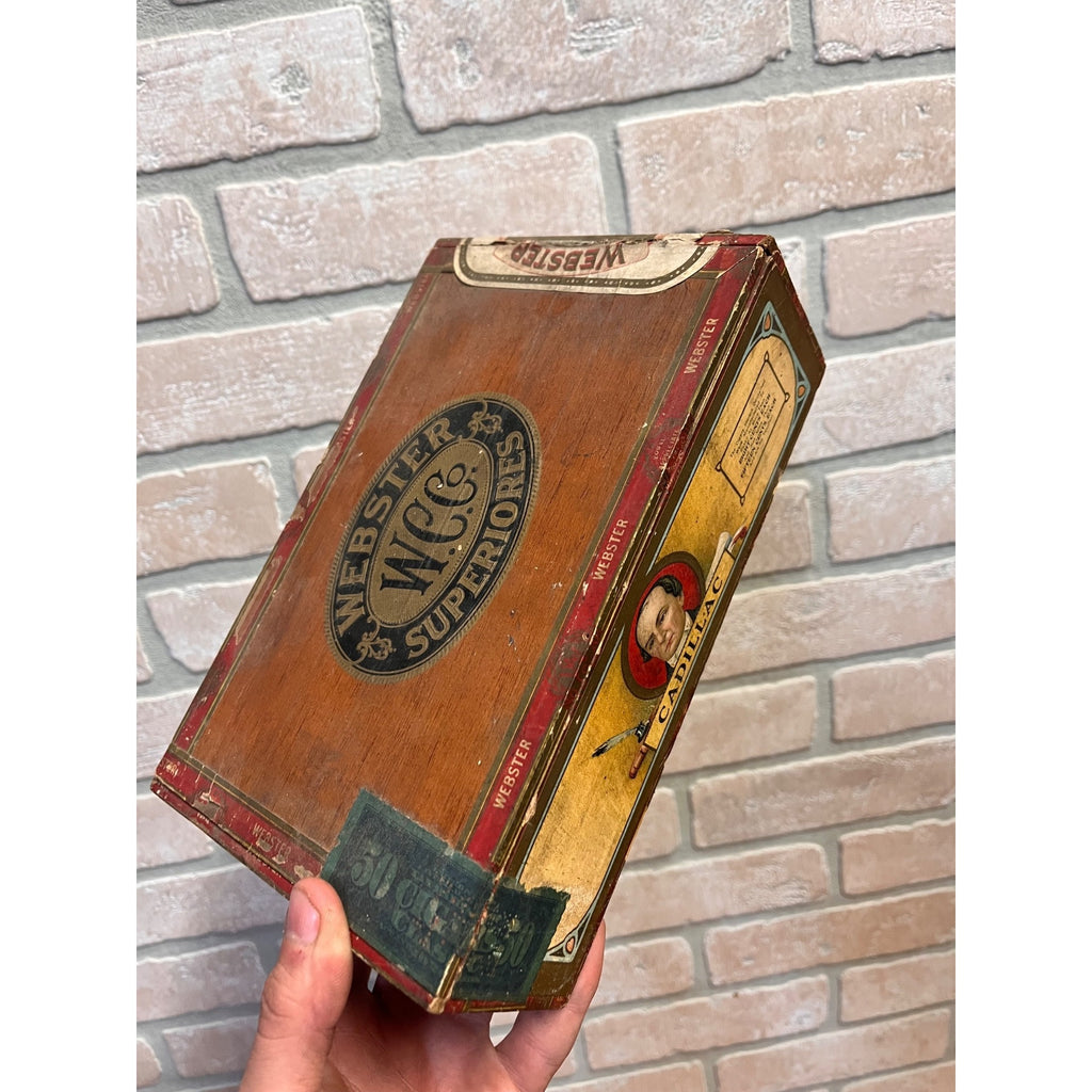 Vintage Webster Cigar Wooden Box Cadillac Michigan Advertising Kurman Milwaukee