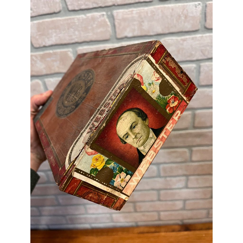 Vintage Webster Cigar Wooden Box Cadillac Michigan Advertising Kurman Milwaukee