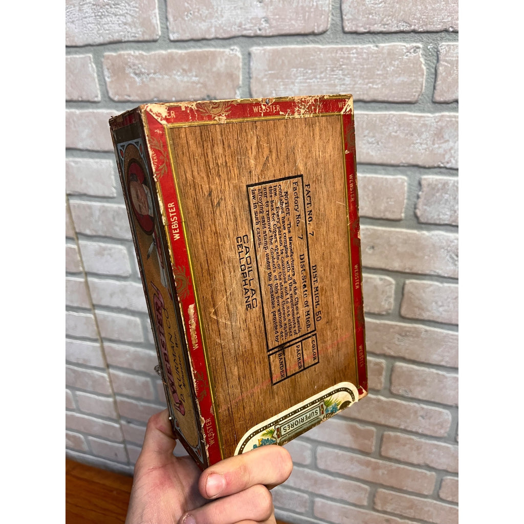Vintage Webster Cigar Wooden Box Cadillac Michigan Advertising Kurman Milwaukee