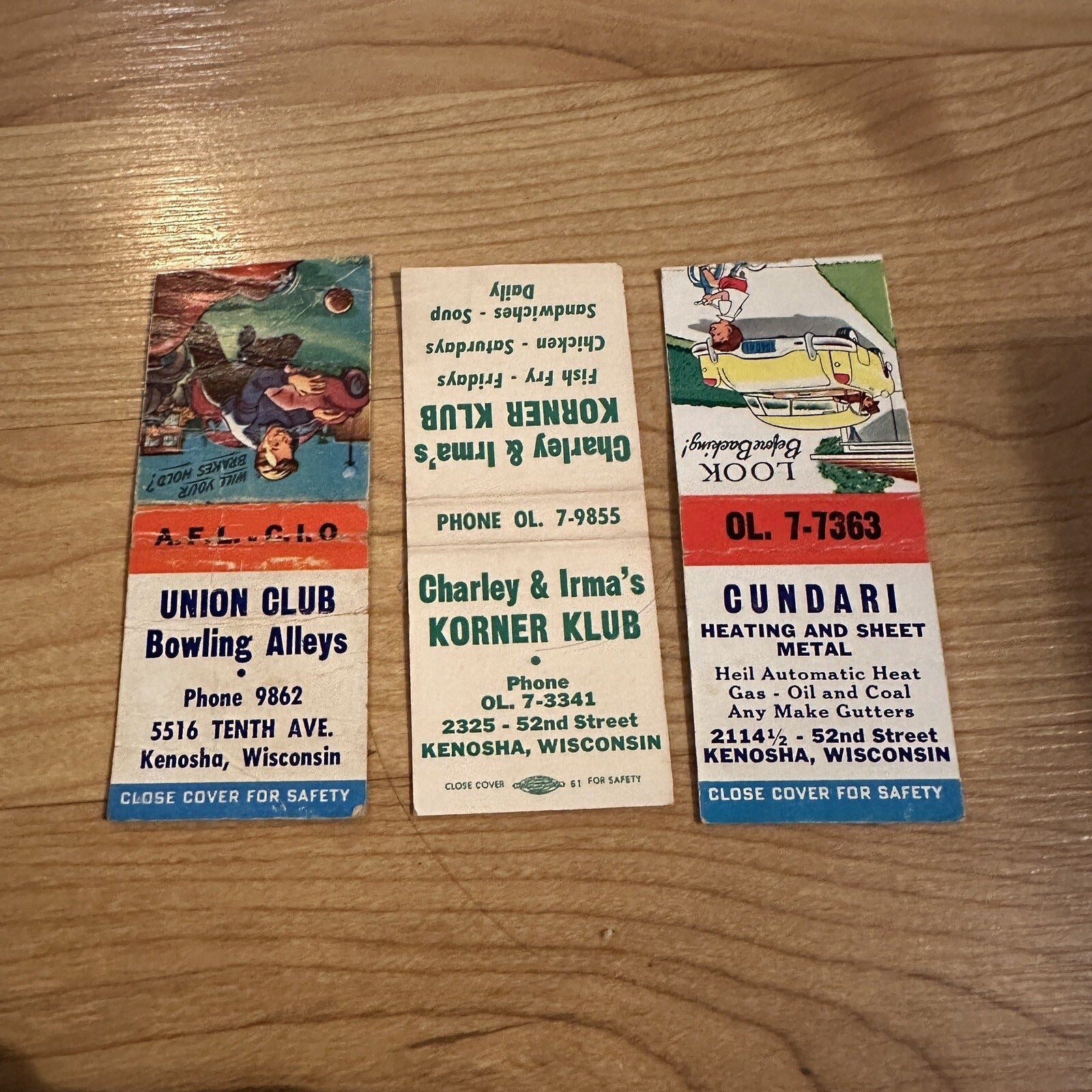 (3) Vintage Kenosha Wisconsin Advertising Matchbook Bowling Korner Klub