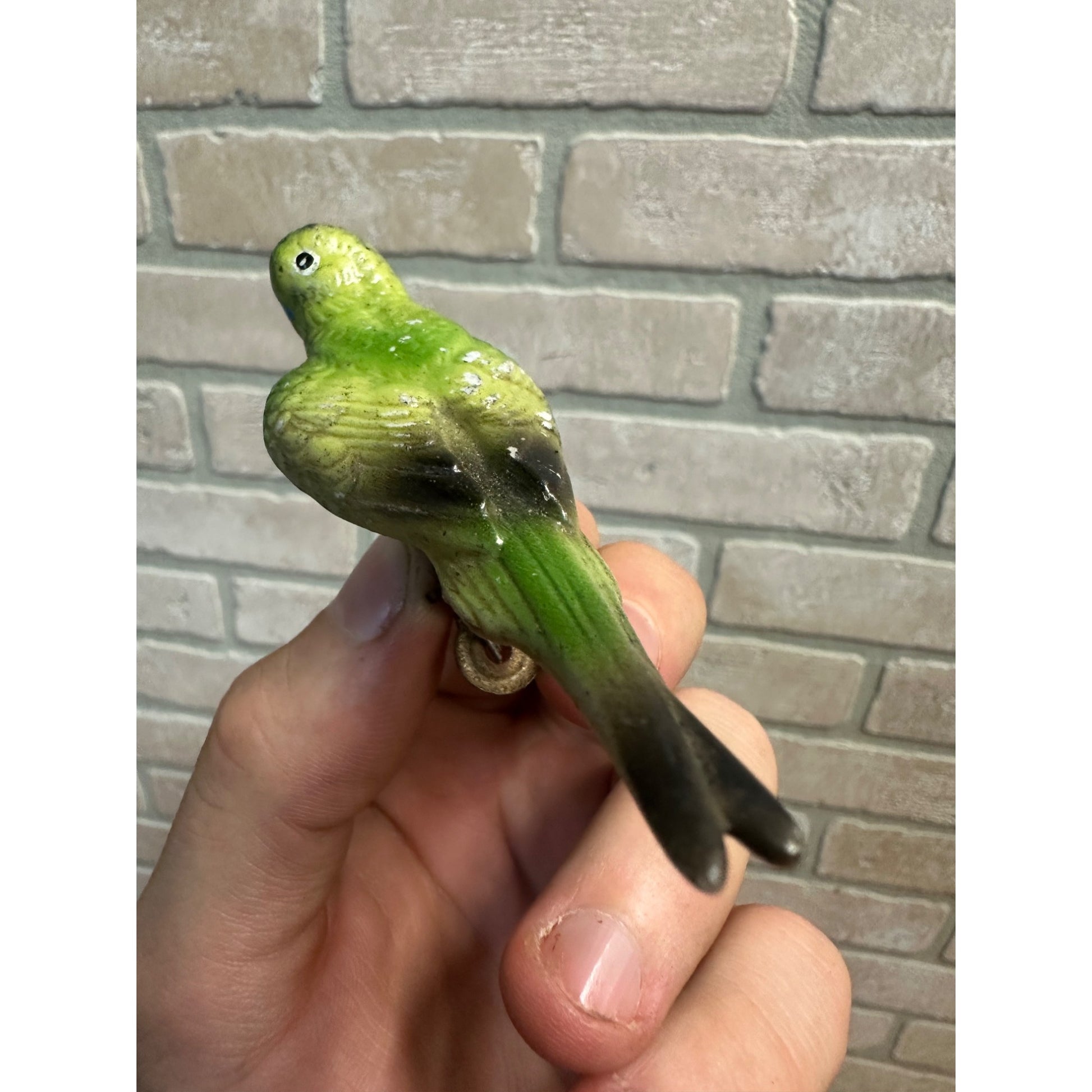 Vintage Japan Clip On Porcelain Green Budgie Parakeet Bird Christmas Ornament