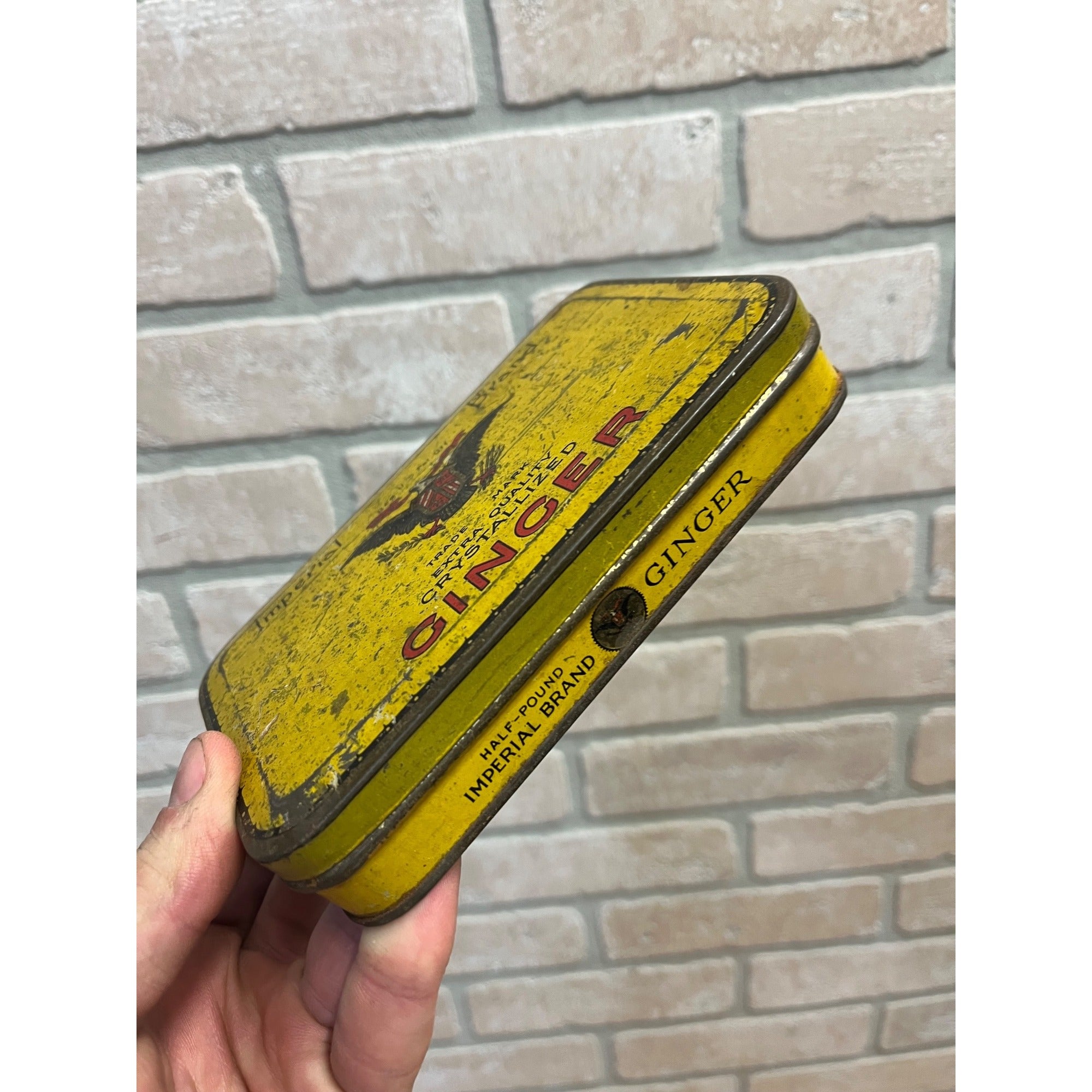 Old Imperial Brand Crystallized Ginger tin can with hinged lid