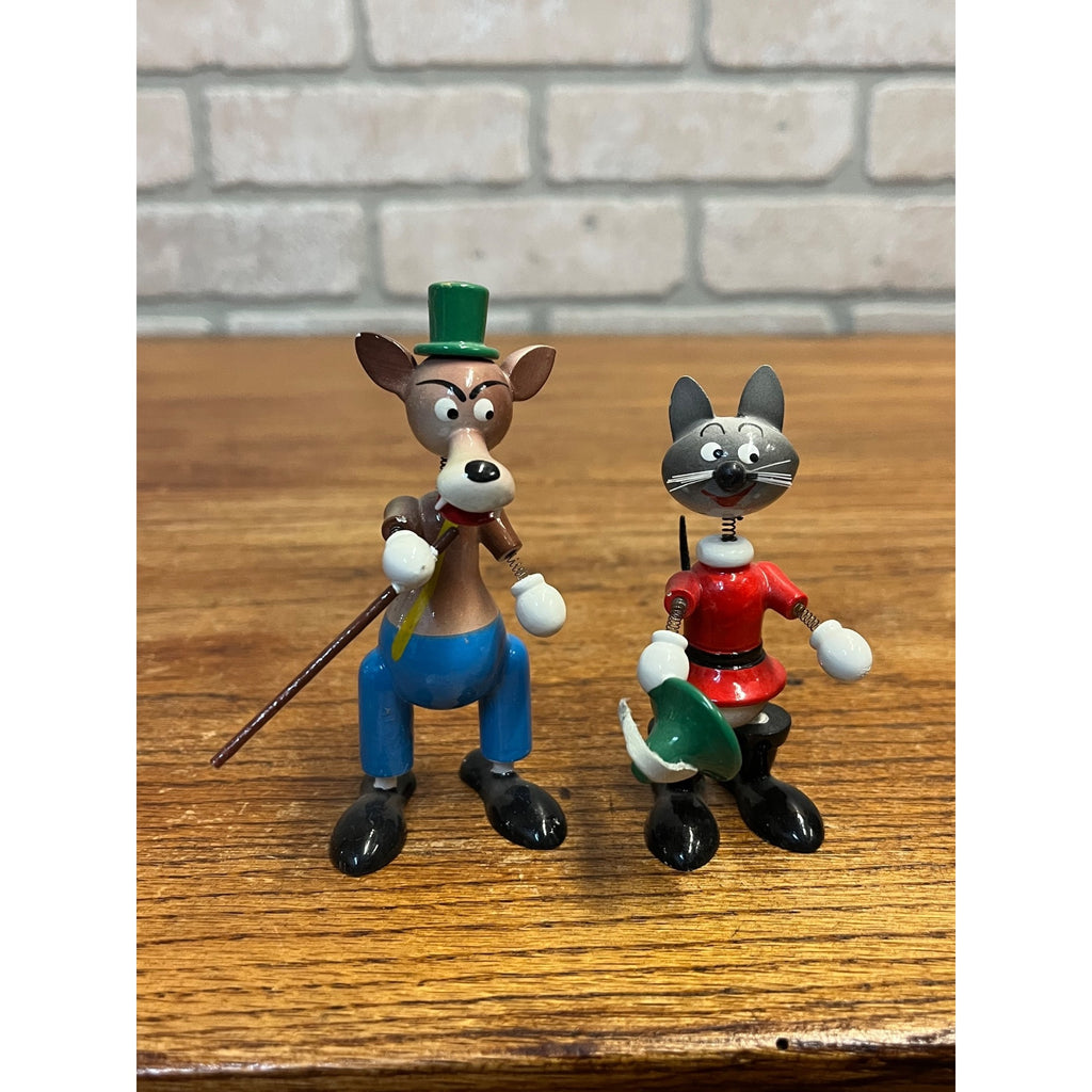 Vintage Hand Painted Wood Cat & Wolf Bobble Nodder Goula Spain Puss N Boots