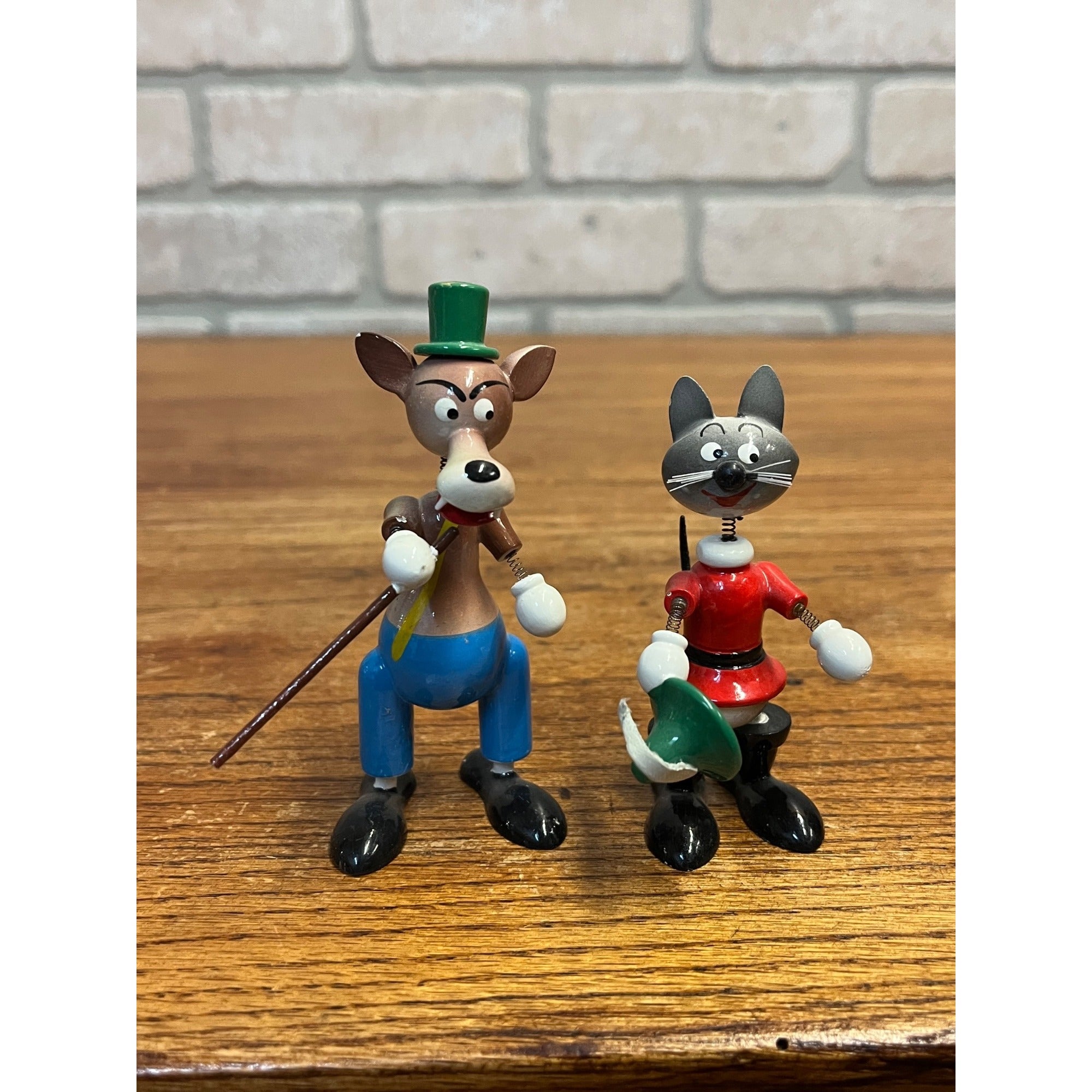 Vintage Hand Painted Wood Cat & Wolf Bobble Nodder Goula Spain Puss N Boots