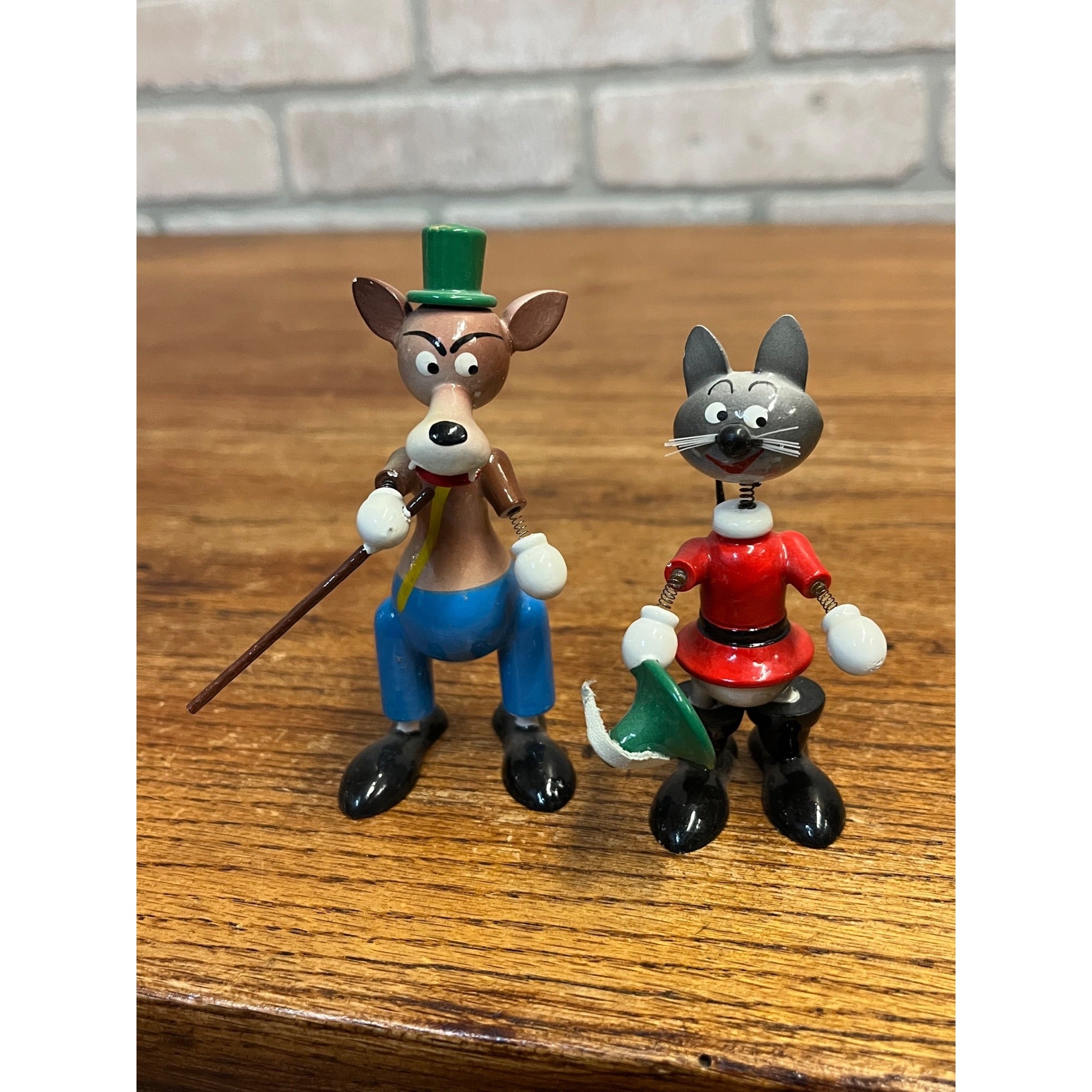 Vintage Hand Painted Wood Cat & Wolf Bobble Nodder Goula Spain Puss N Boots