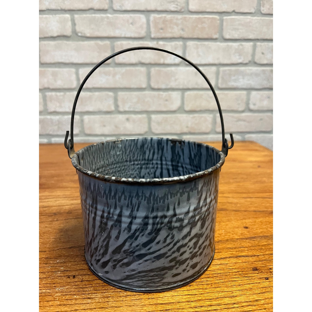 Antique Primitive Gray Enamel Graniteware Berry Bucket / Lunch Pail -No Lid- Farmhouse Decor