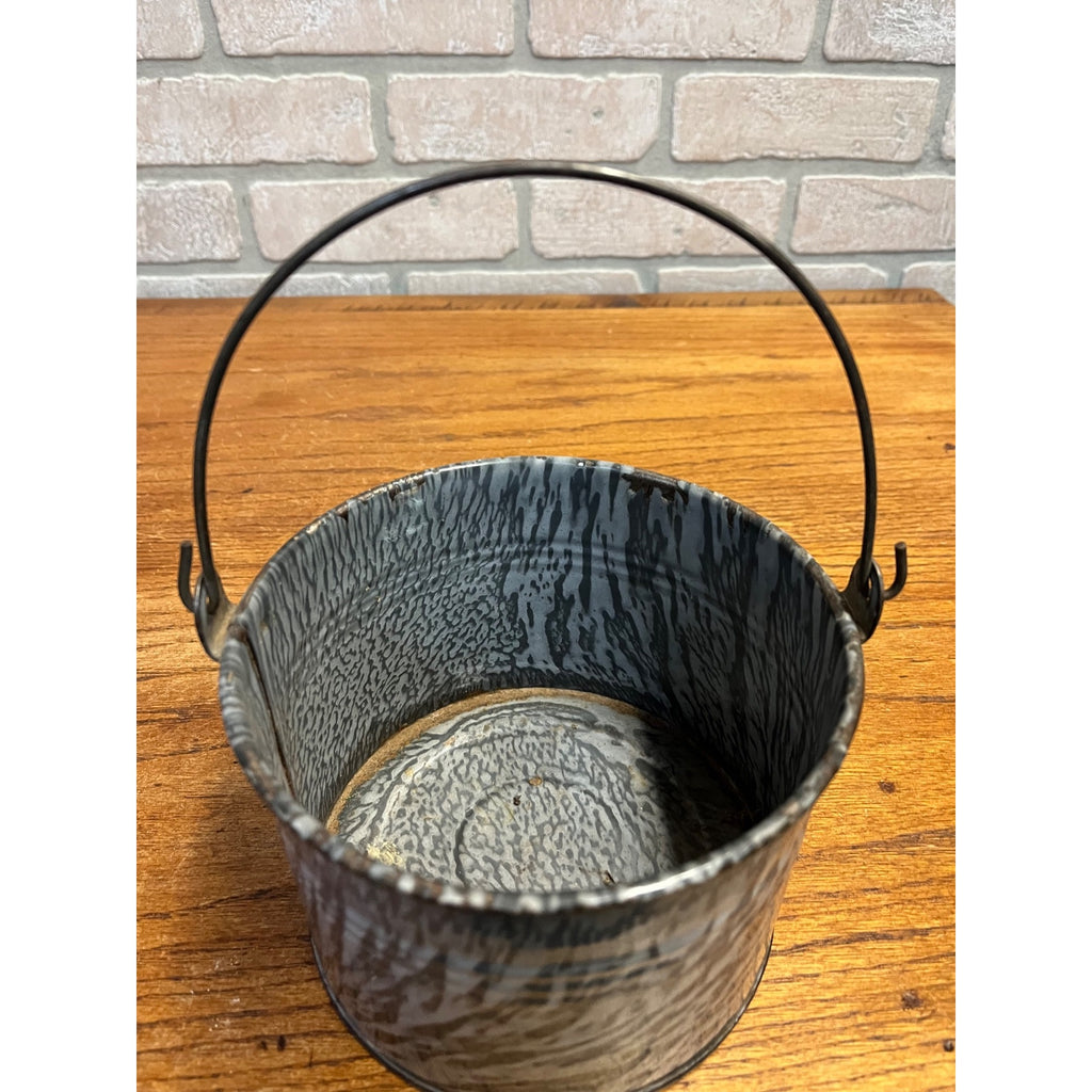 Antique Primitive Gray Enamel Graniteware Berry Bucket / Lunch Pail -No Lid- Farmhouse Decor