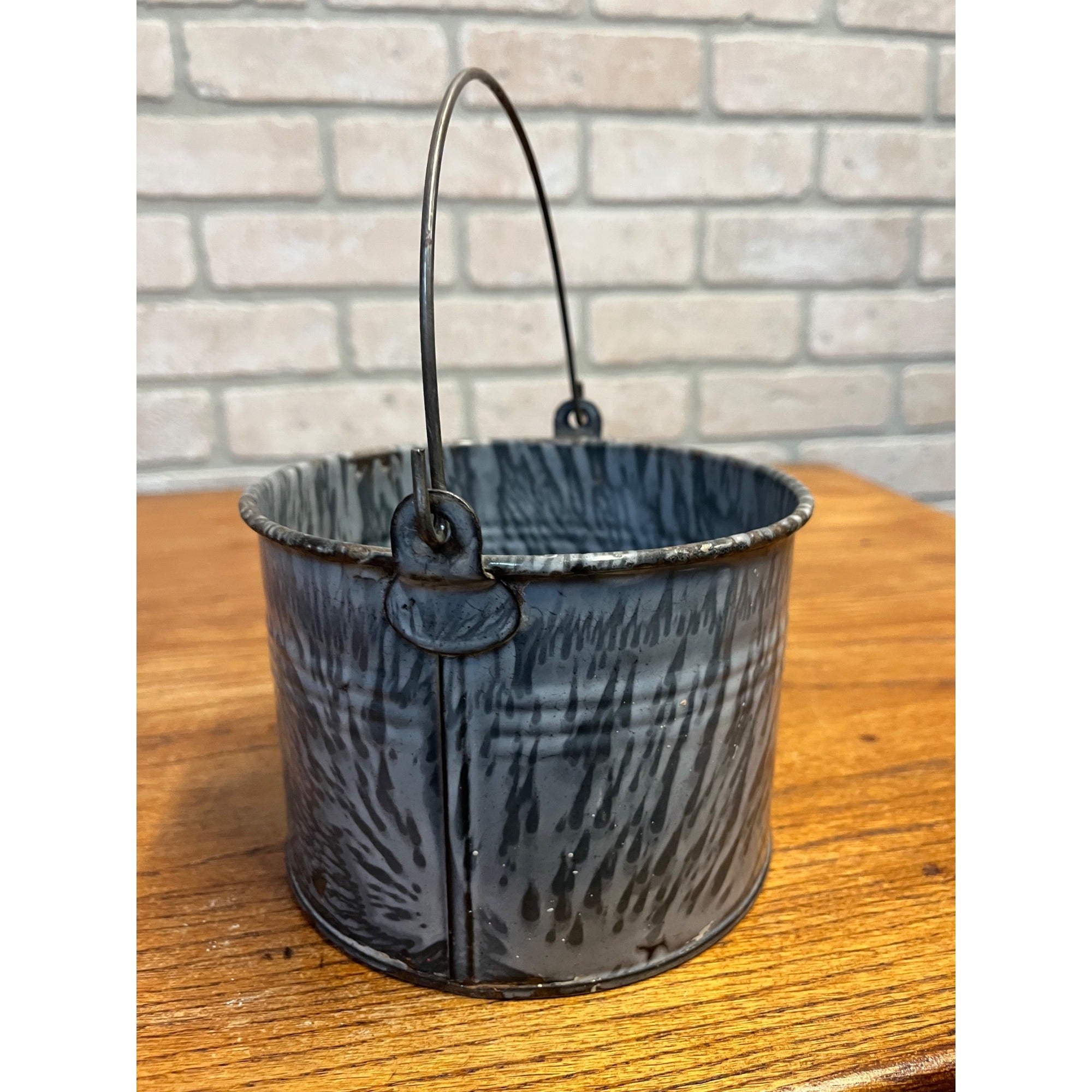 Antique Primitive Gray Enamel Graniteware Berry Bucket / Lunch Pail -No Lid- Farmhouse Decor