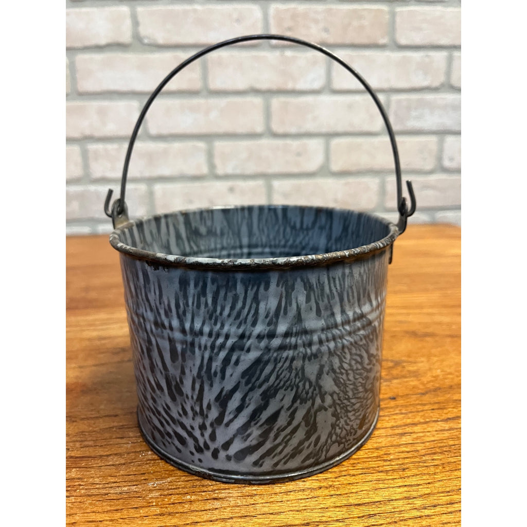 Antique Primitive Gray Enamel Graniteware Berry Bucket / Lunch Pail -No Lid- Farmhouse Decor
