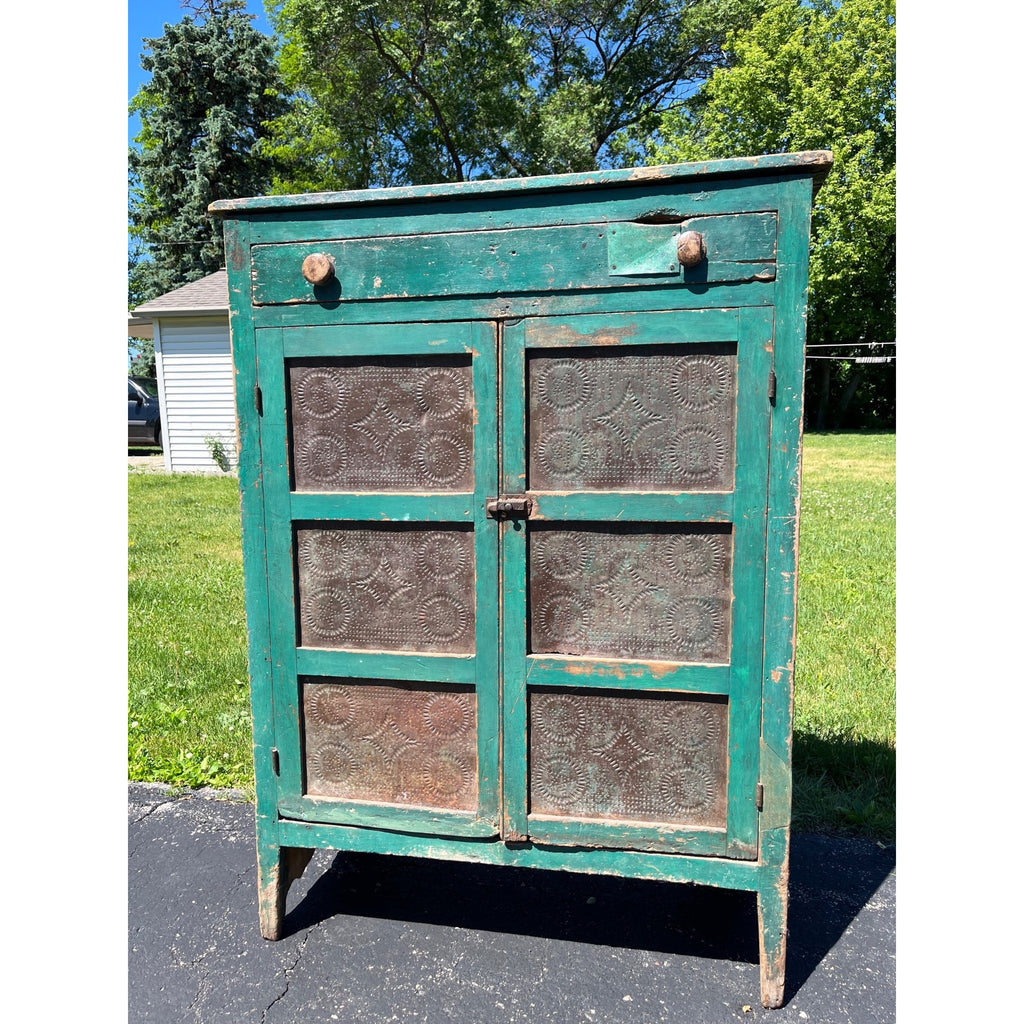 Antique Early American Primitive Teal Blue Green Paint Pierced Tin Panel Pie Safe