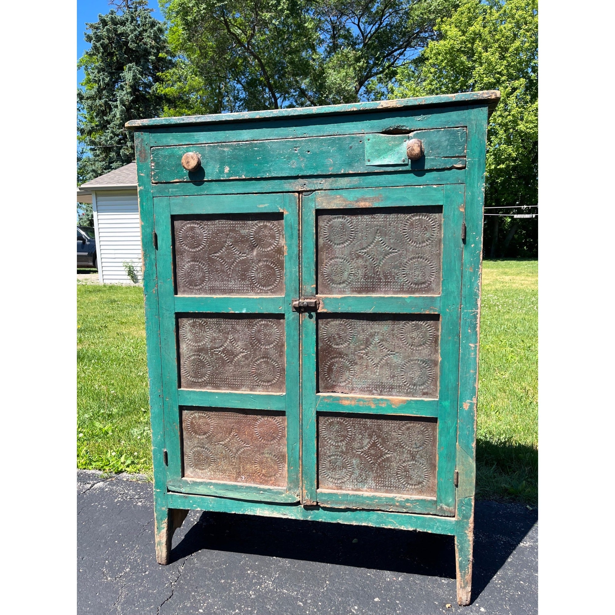 Antique Early American Primitive Teal Blue Green Paint Pierced Tin Panel Pie Safe
