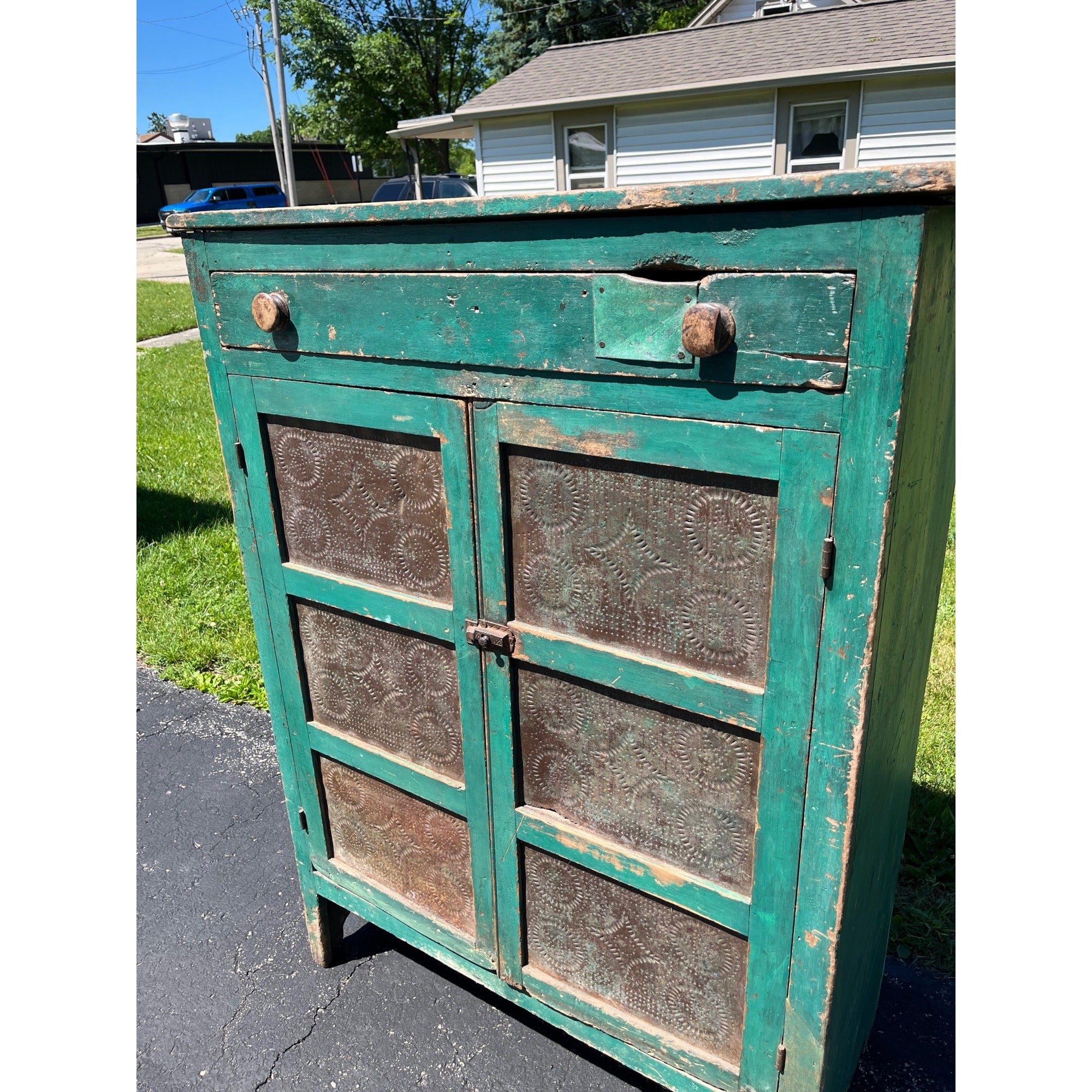 Antique Early American Primitive Teal Blue Green Paint Pierced Tin Panel Pie Safe