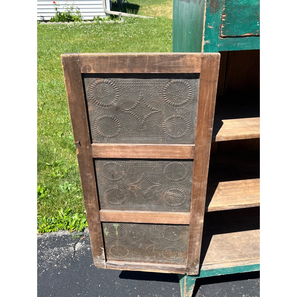 Antique Early American Primitive Teal Blue Green Paint Pierced Tin Panel Pie Safe