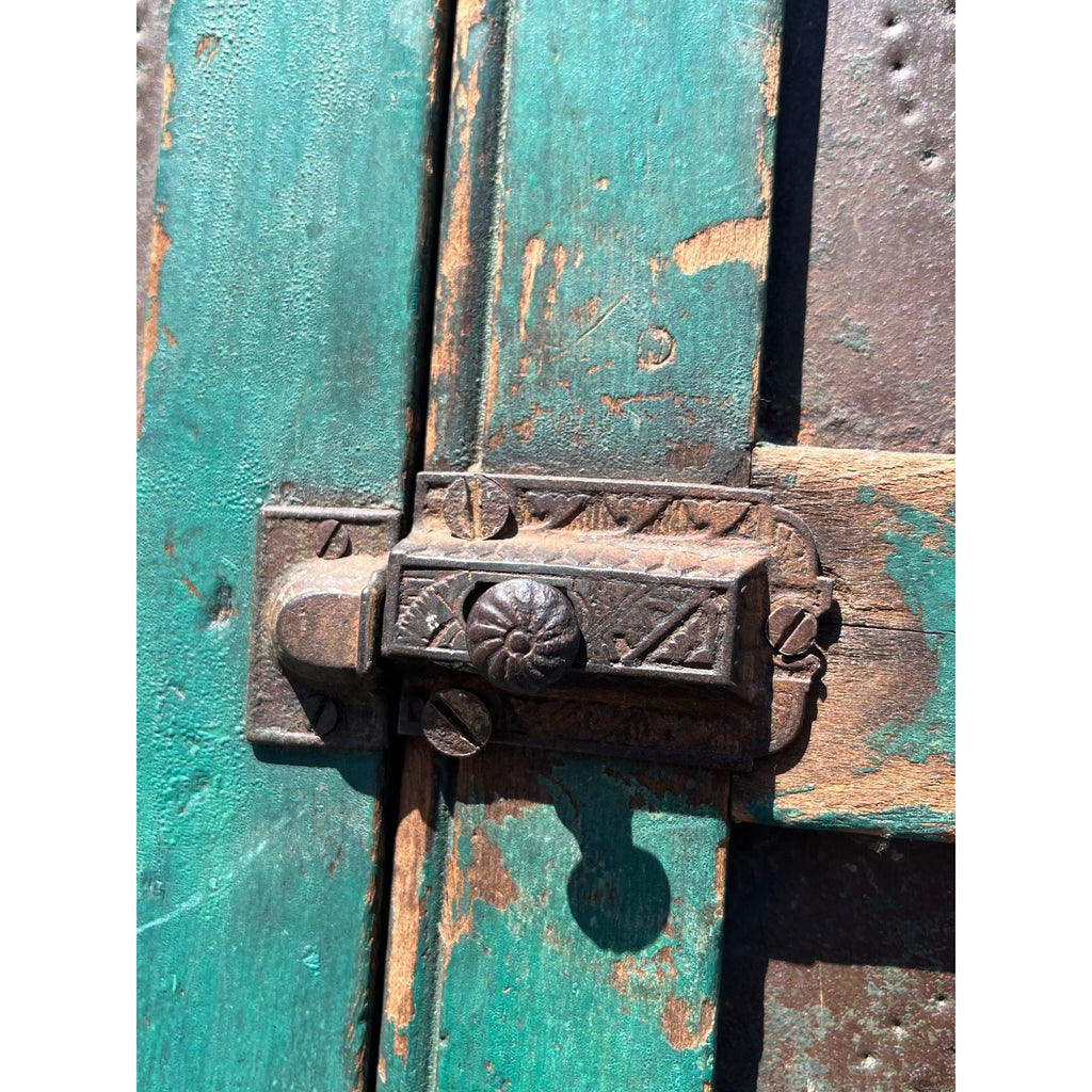 Antique Early American Primitive Teal Blue Green Paint Pierced Tin Panel Pie Safe