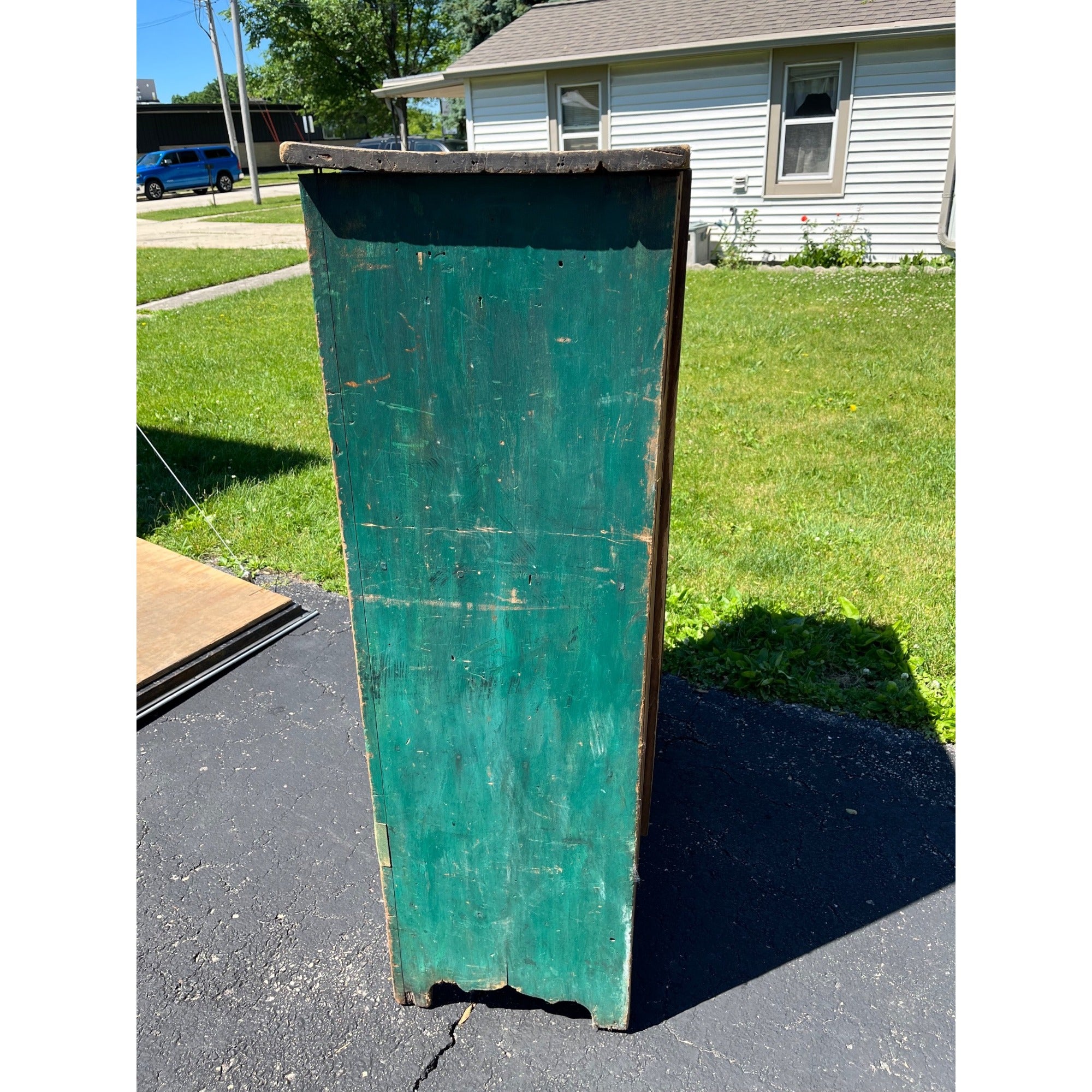 Antique Early American Primitive Teal Blue Green Paint Pierced Tin Panel Pie Safe