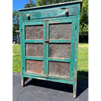 Antique Early American Primitive Teal Blue Green Paint Pierced Tin Panel Pie Safe