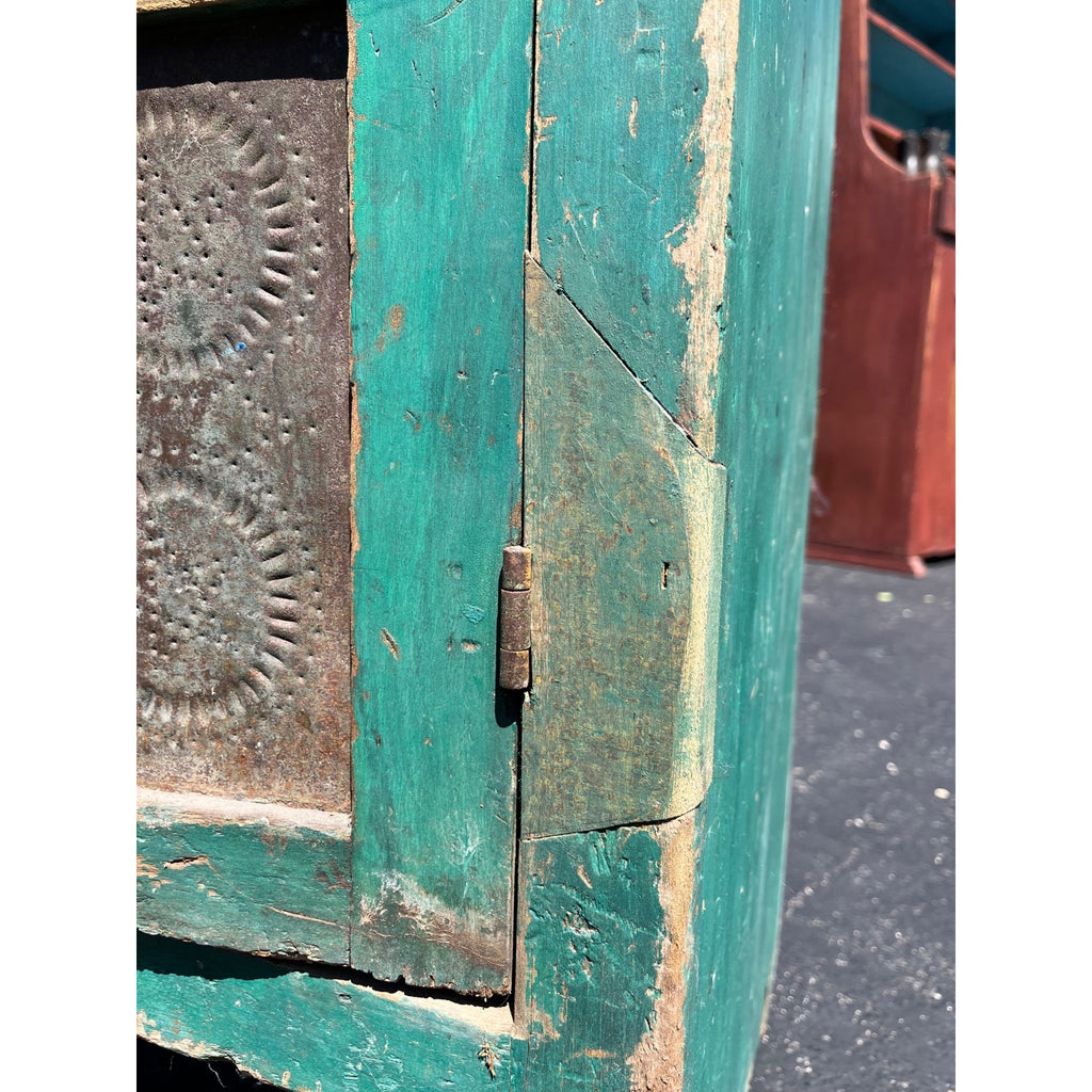 Antique Early American Primitive Teal Blue Green Paint Pierced Tin Panel Pie Safe