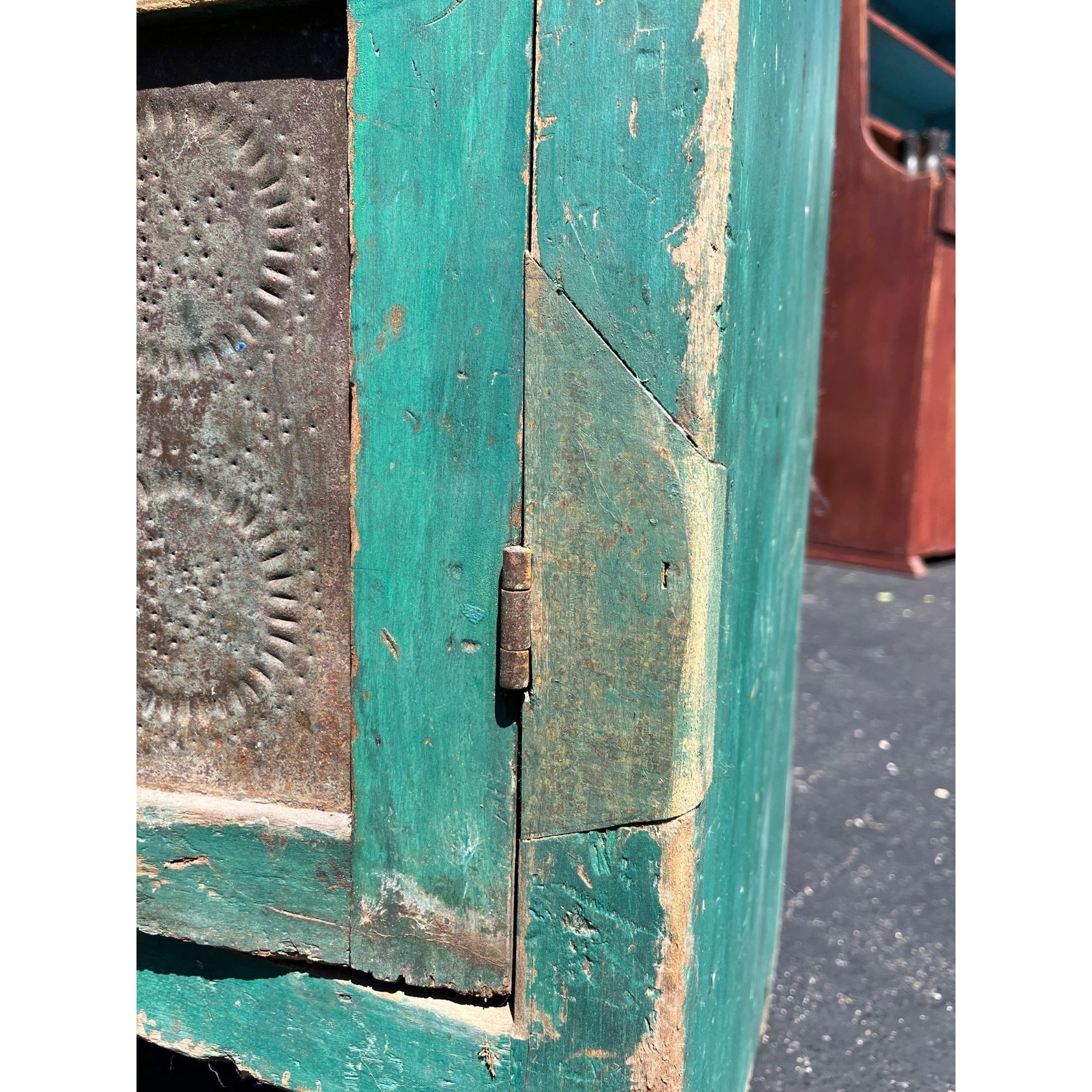 Antique Early American Primitive Teal Blue Green Paint Pierced Tin Panel Pie Safe