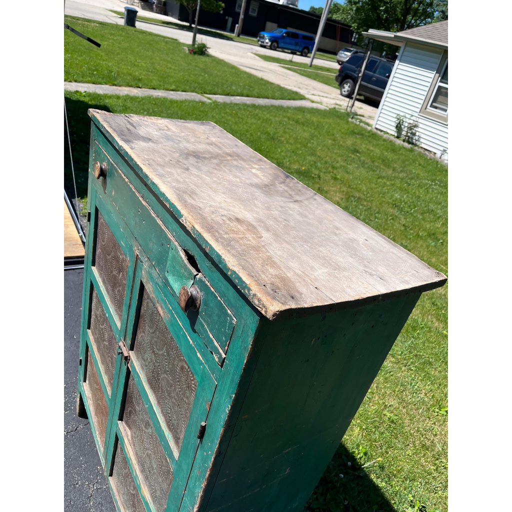 Antique Early American Primitive Teal Blue Green Paint Pierced Tin Panel Pie Safe