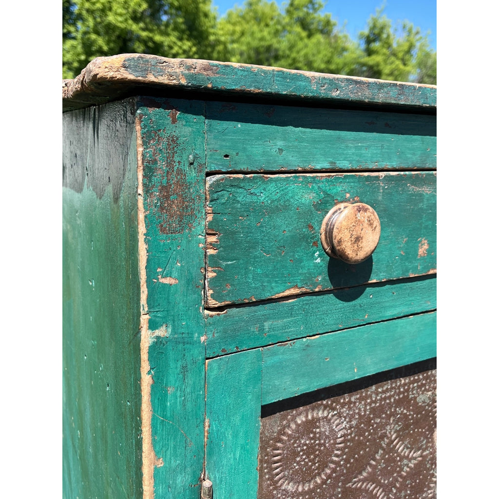 Antique Early American Primitive Teal Blue Green Paint Pierced Tin Panel Pie Safe