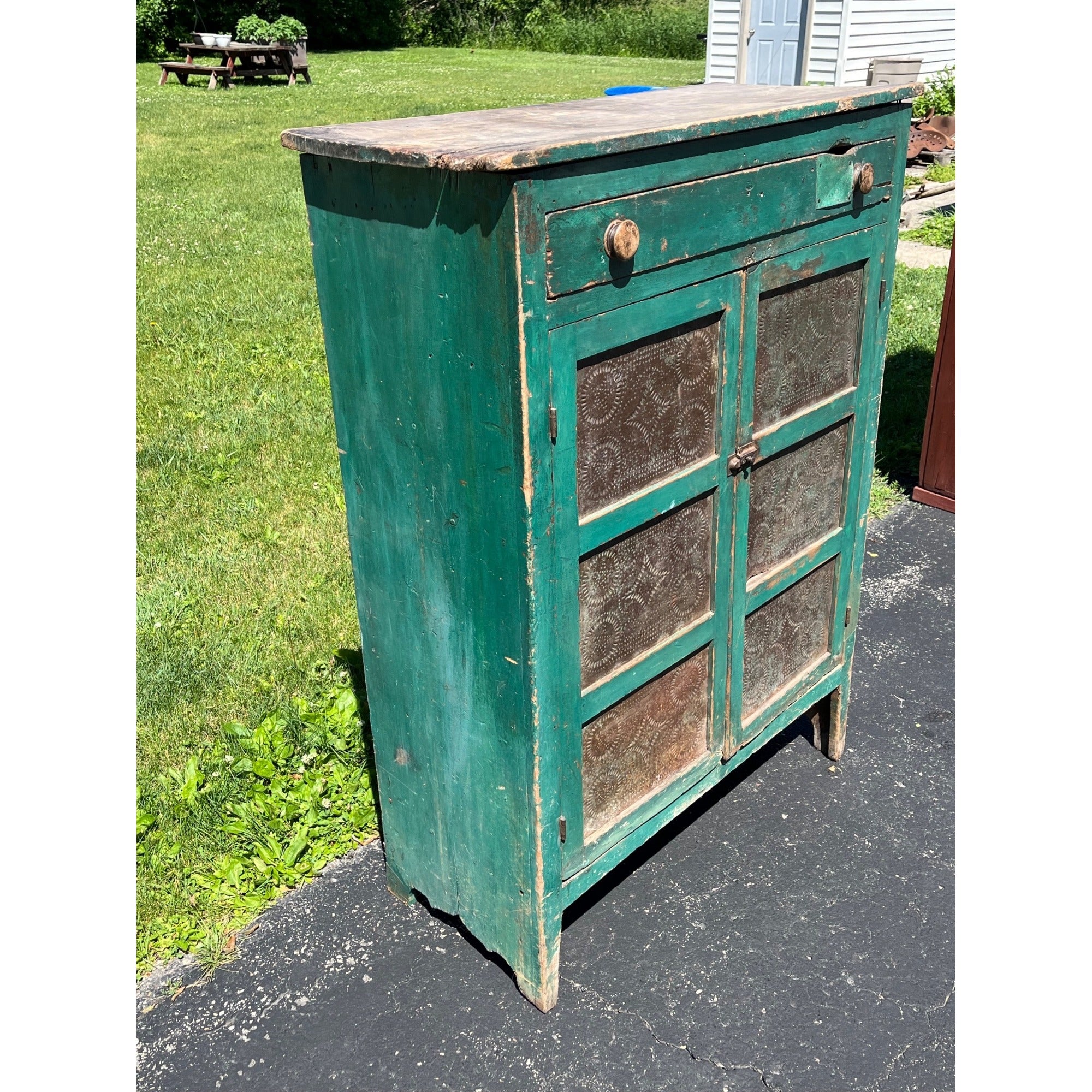 Antique Early American Primitive Teal Blue Green Paint Pierced Tin Panel Pie Safe