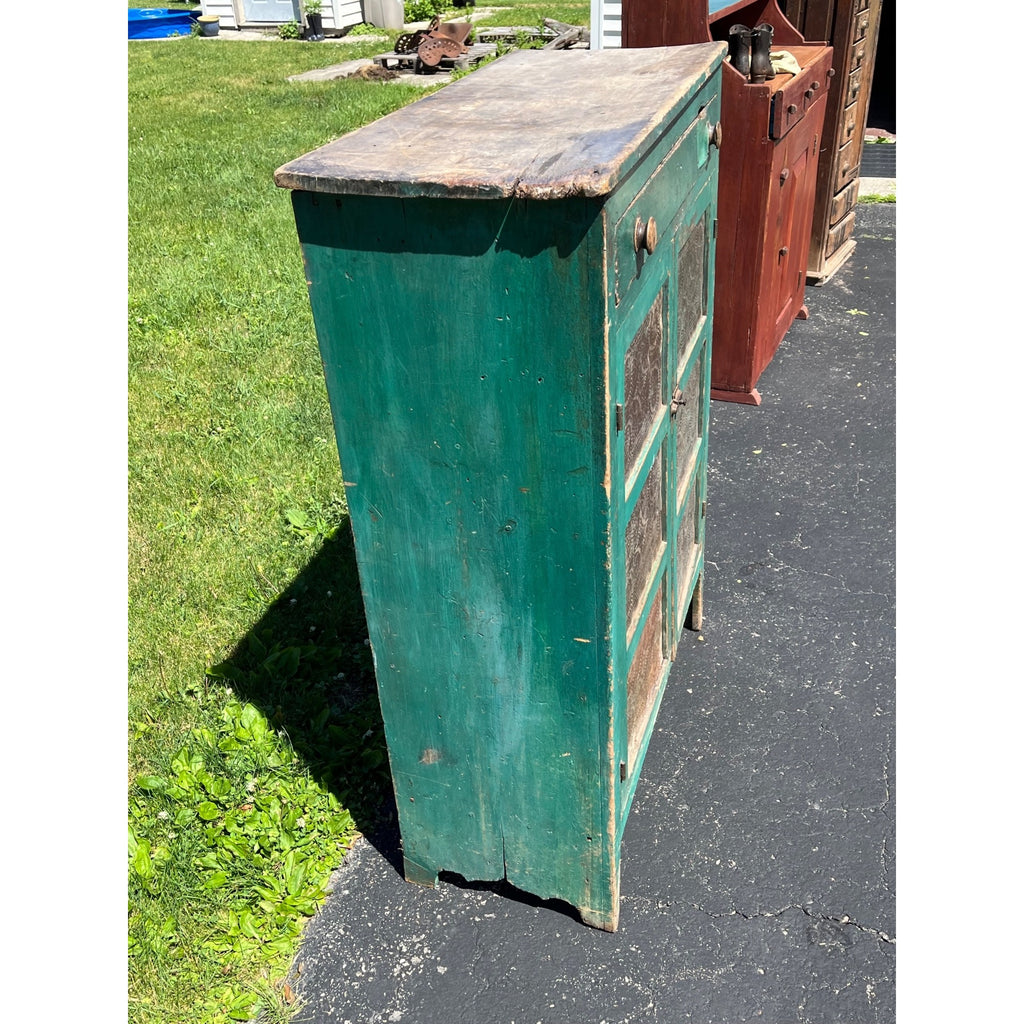 Antique Early American Primitive Teal Blue Green Paint Pierced Tin Panel Pie Safe