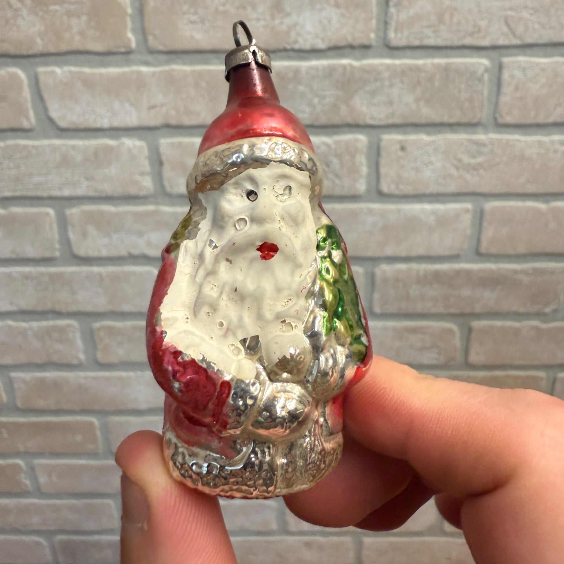Vintage Painted Glass Christmas Santa Claus Ornament Holding Tree As-Is