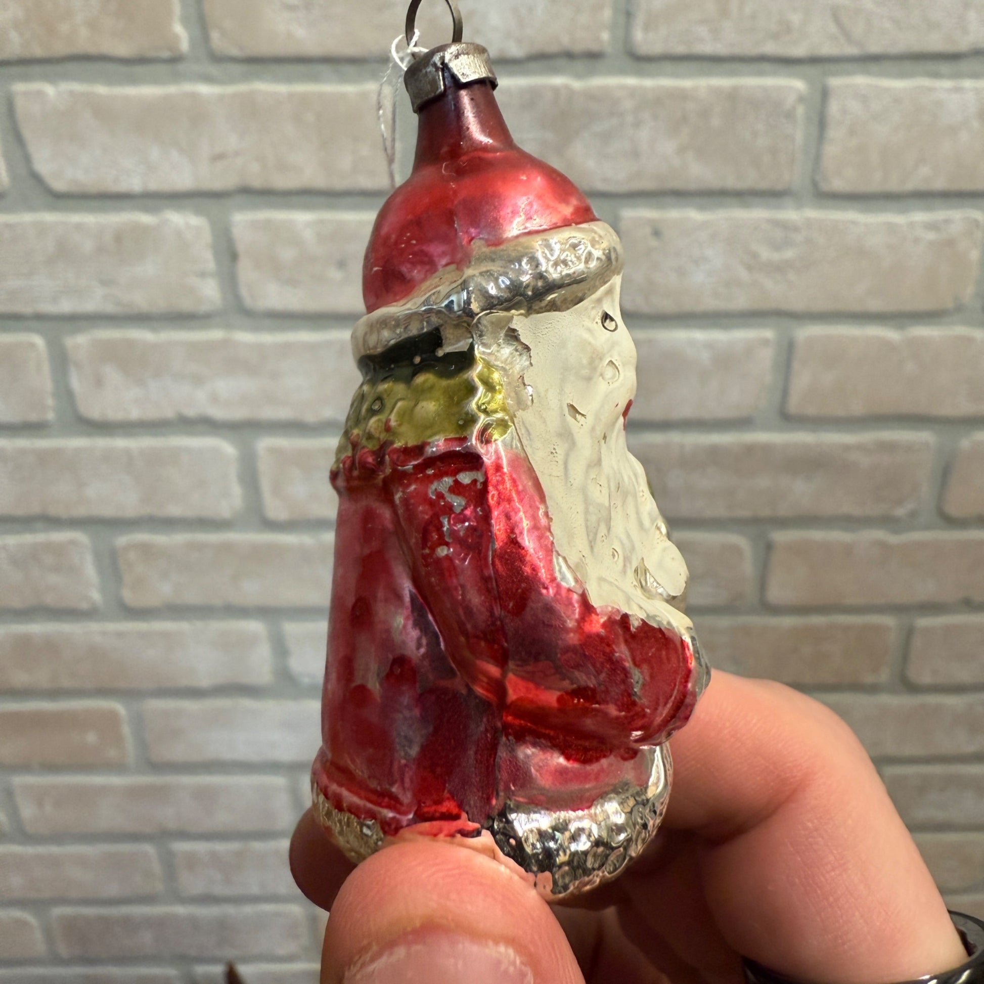 Vintage Painted Glass Christmas Santa Claus Ornament Holding Tree As-Is