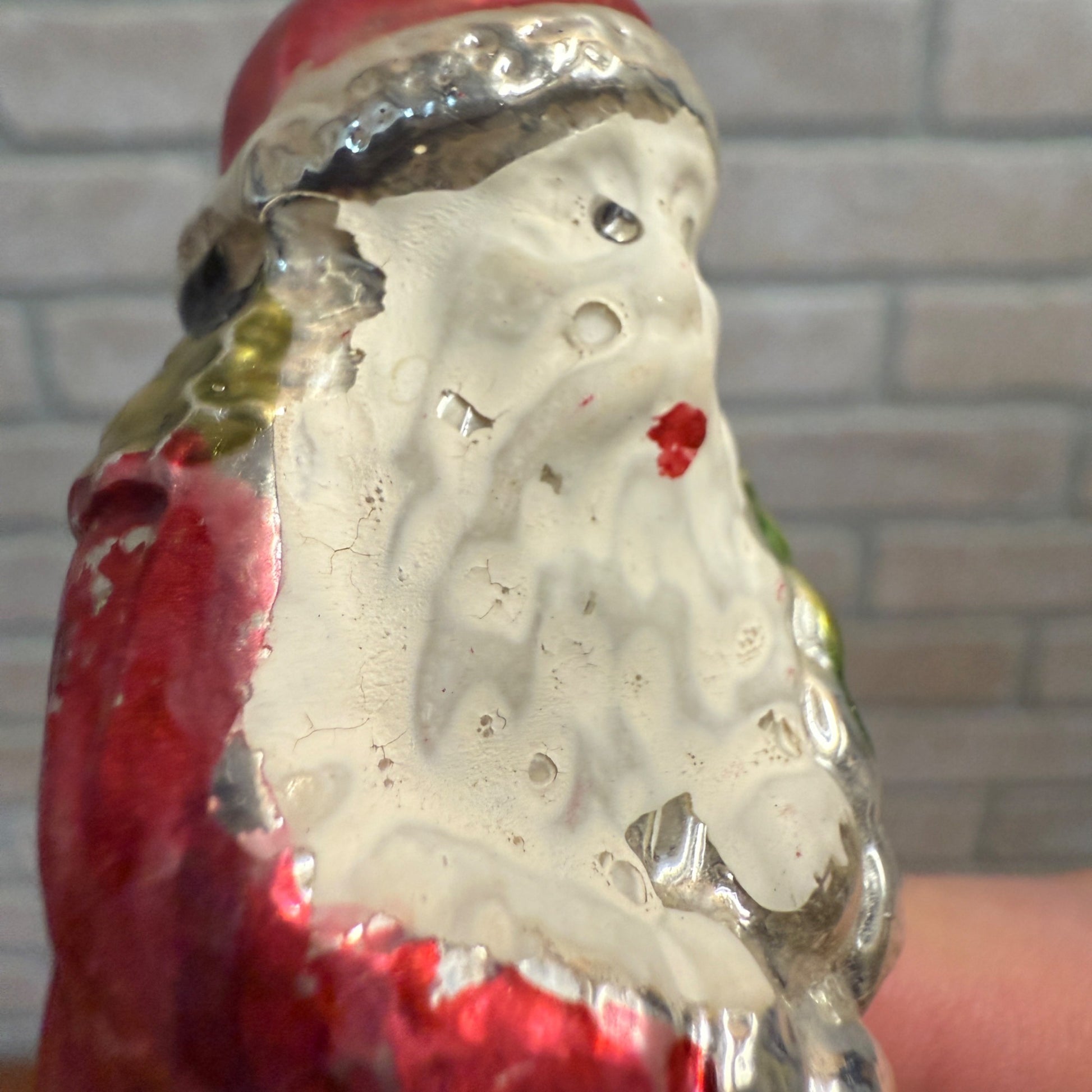 Vintage Painted Glass Christmas Santa Claus Ornament Holding Tree As-Is