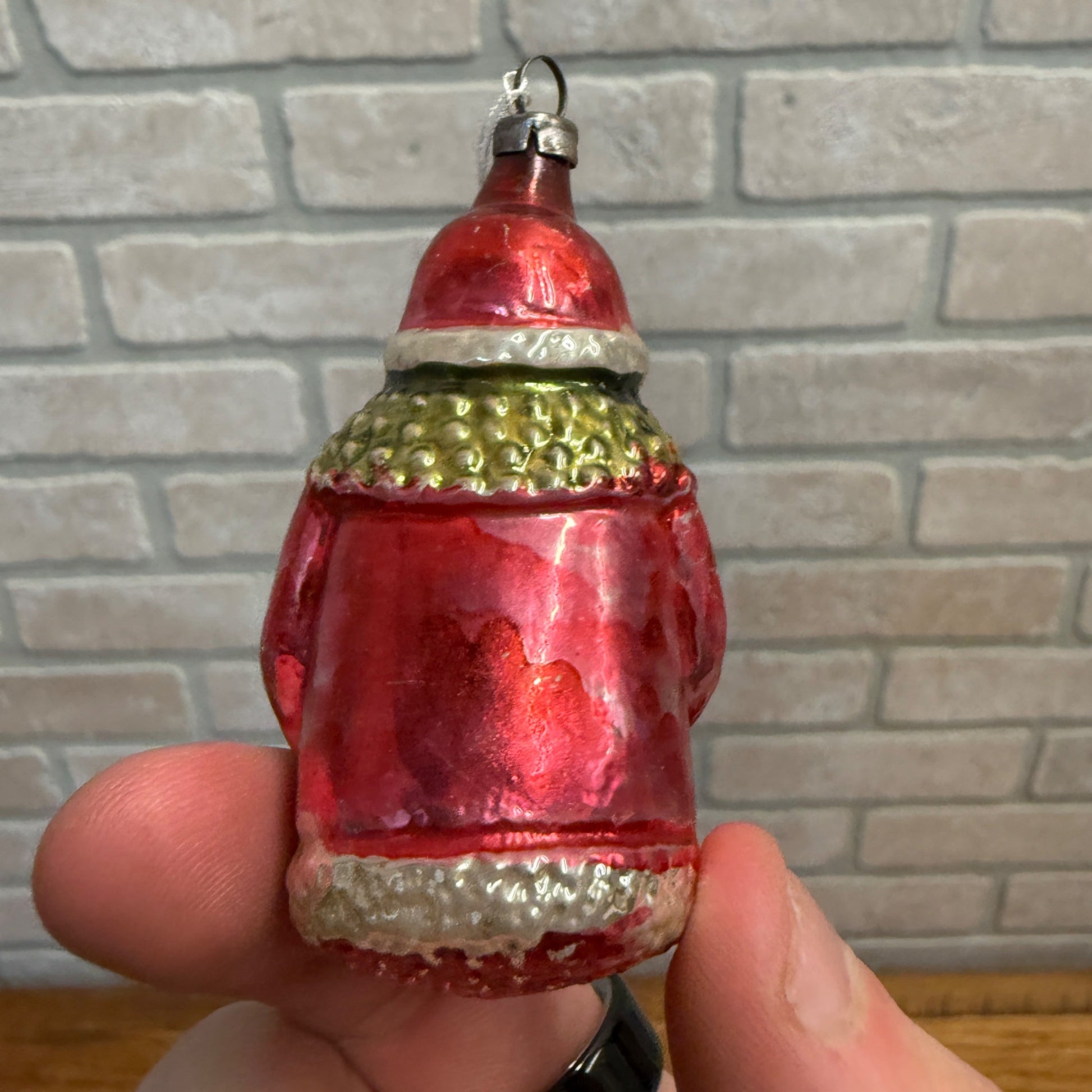 Vintage Painted Glass Christmas Santa Claus Ornament Holding Tree As-Is