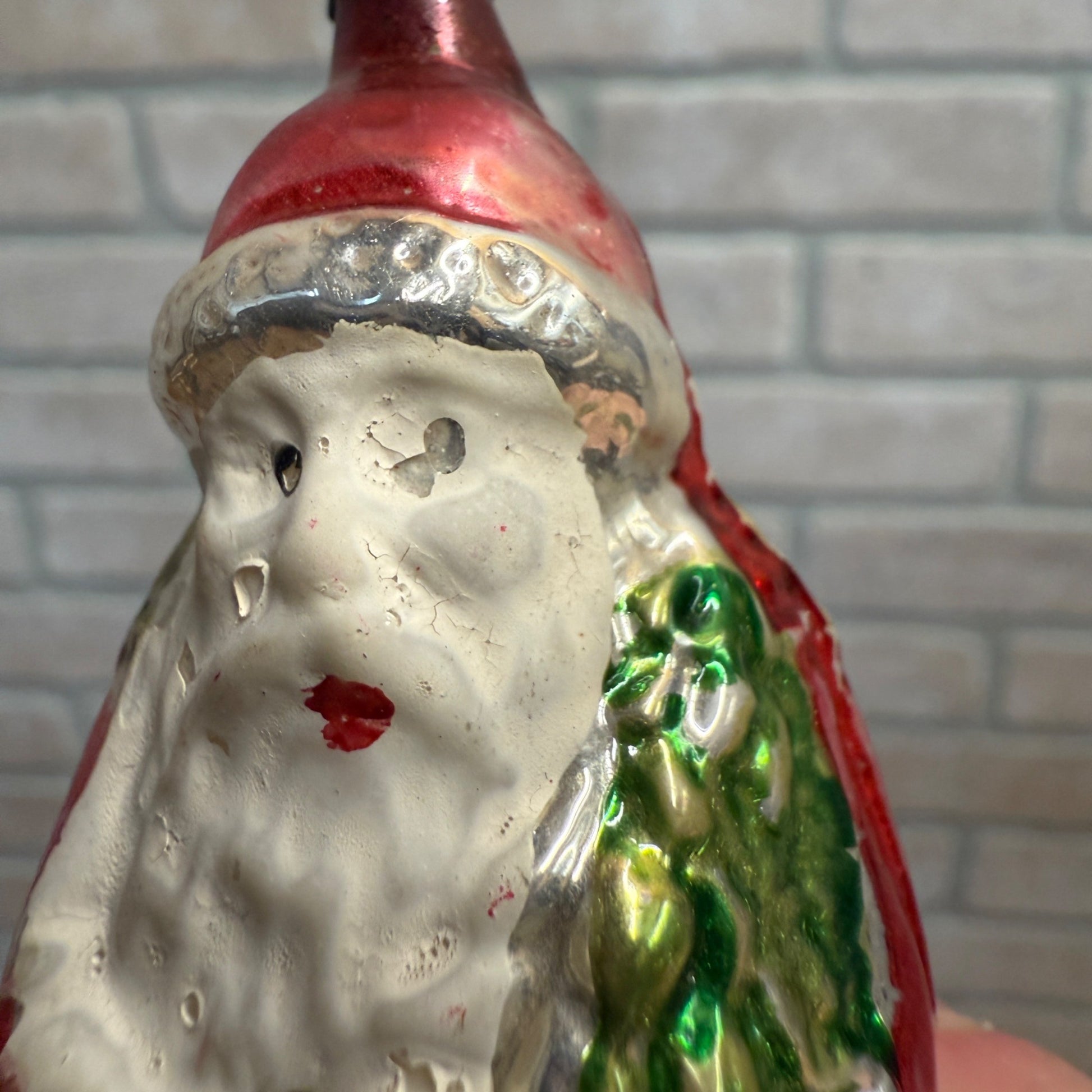Vintage Painted Glass Christmas Santa Claus Ornament Holding Tree As-Is
