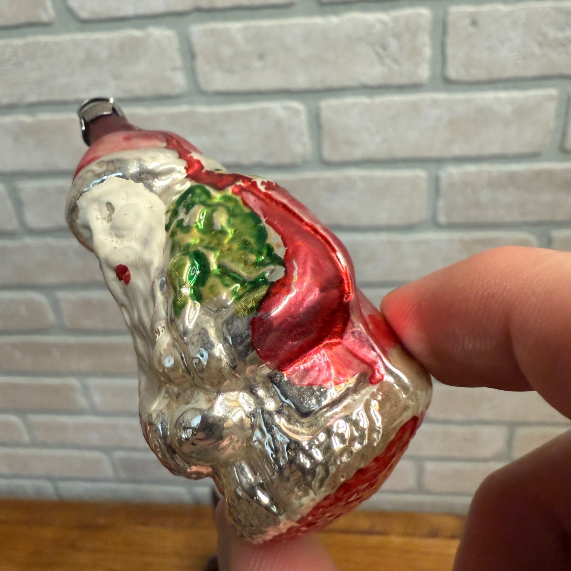Vintage Painted Glass Christmas Santa Claus Ornament Holding Tree As-Is
