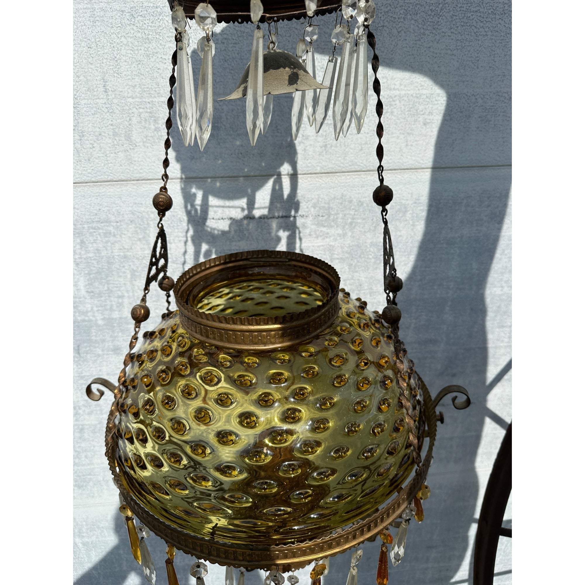 Bradley & Hubbard (B&H) Victorian Hanging Lamp Amber Yellow Hobnail Dew Drop Shade