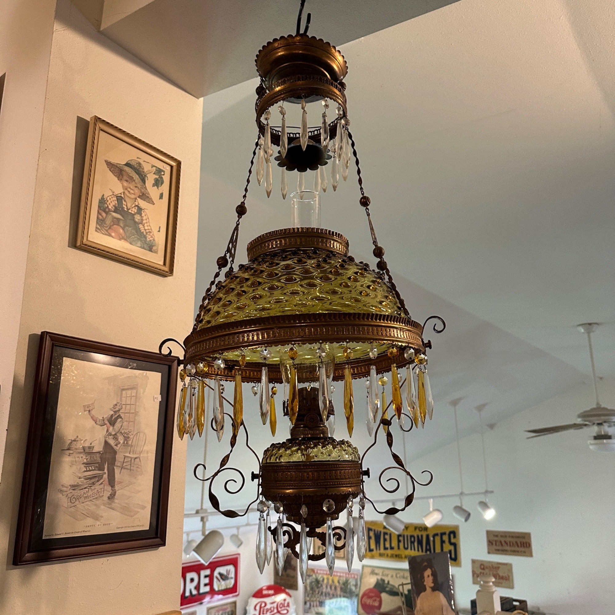 Bradley & Hubbard (B&H) Victorian Hanging Lamp Amber Yellow Hobnail Dew Drop Shade