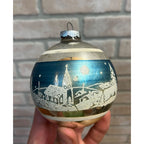 Vintage Shiny Brite Glass Christmas Ornament Blue Stenciled Village Church 3.5"