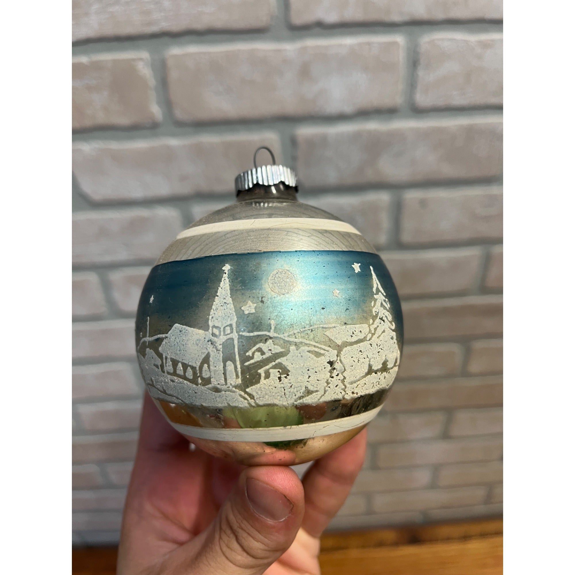 Vintage Shiny Brite Glass Christmas Ornament Blue Stenciled Village Church 3.5"