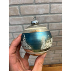 Vintage Shiny Brite Glass Christmas Ornament Blue Stenciled Village Church 3.5"