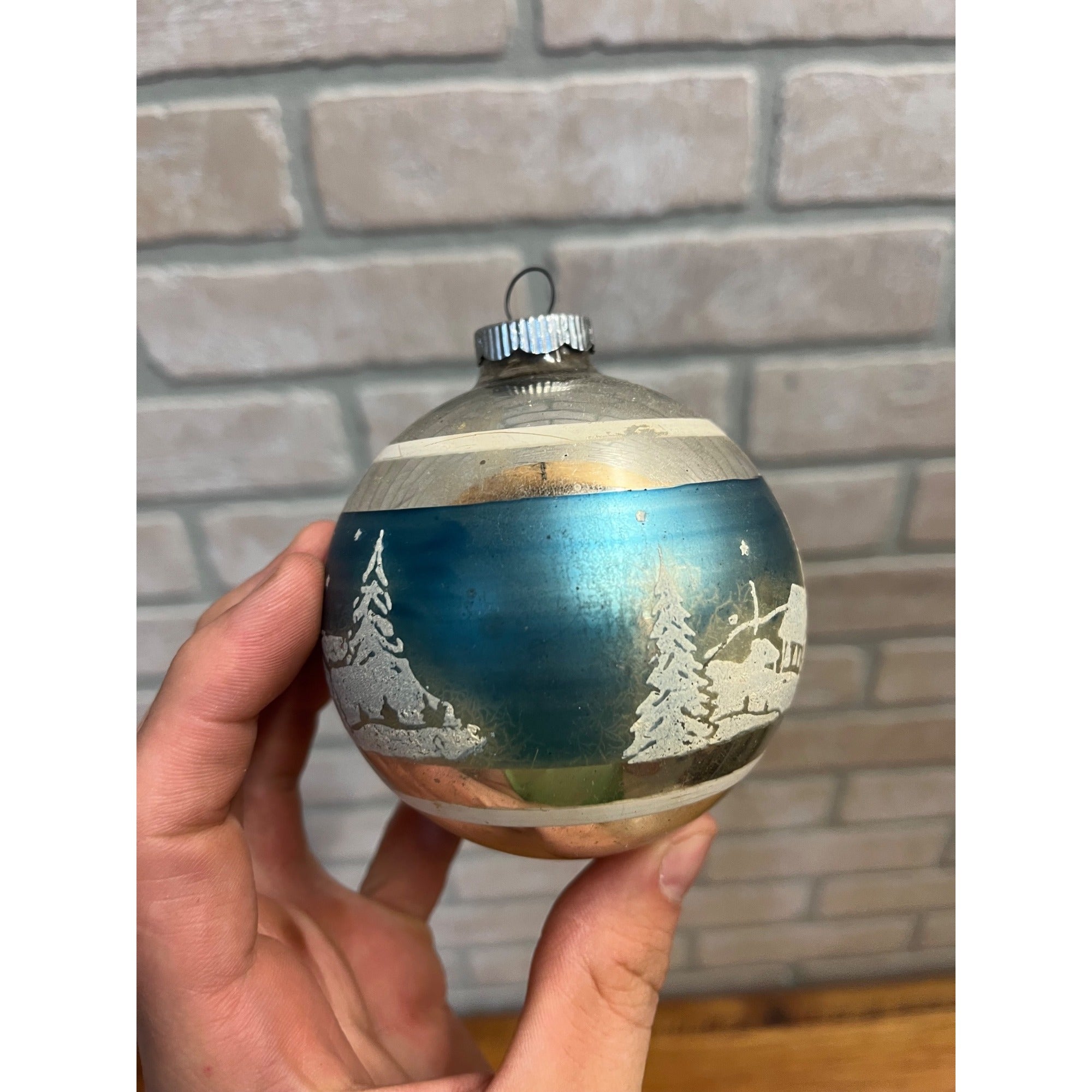 Vintage Shiny Brite Glass Christmas Ornament Blue Stenciled Village Church 3.5"