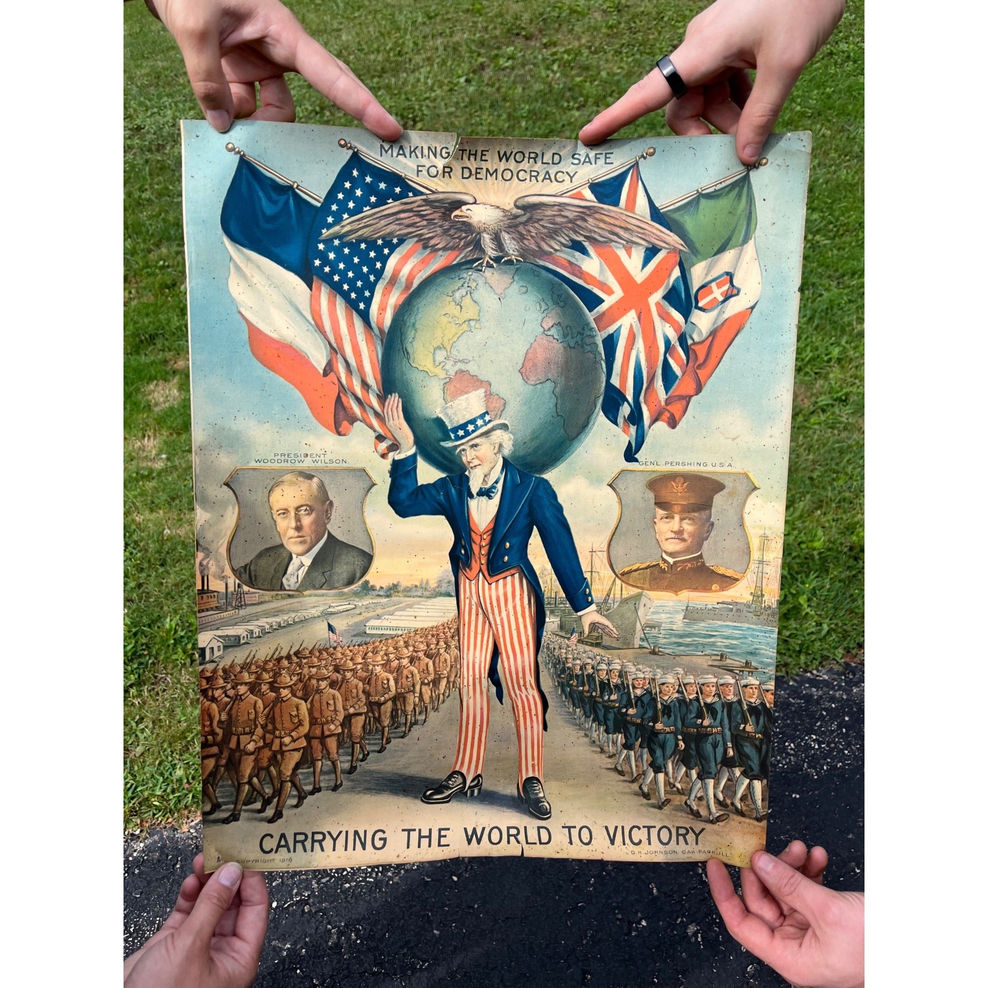 1918 WWI Woodrow Wilson & General Pershing Carrying the World to Victory Poster