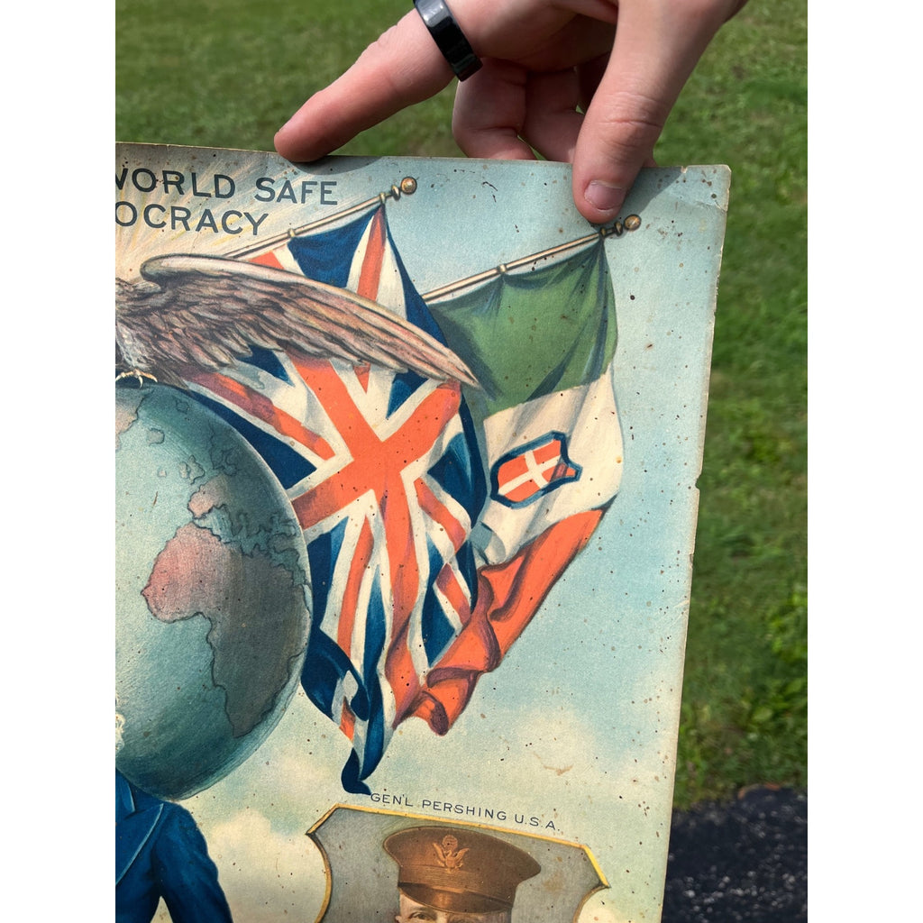 1918 WWI Woodrow Wilson & General Pershing Carrying the World to Victory Poster