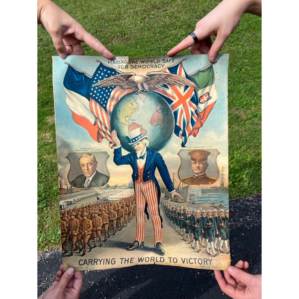 1918 WWI Woodrow Wilson & General Pershing Carrying the World to Victory Poster